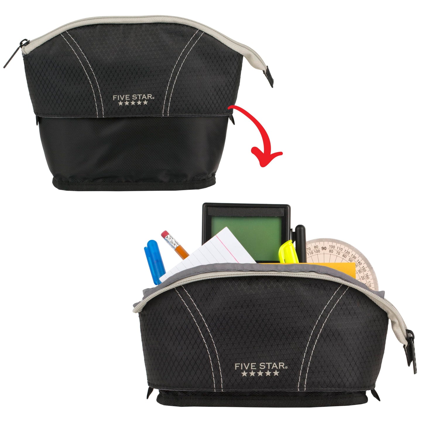 Five Star Pencil Pouch, Pen Case, Quick View Expandable Zipper Pouch, Storage Organizer for School Supplies Earbuds Chargers Cables Makeup, Black/Grey (507610A-ECM)
