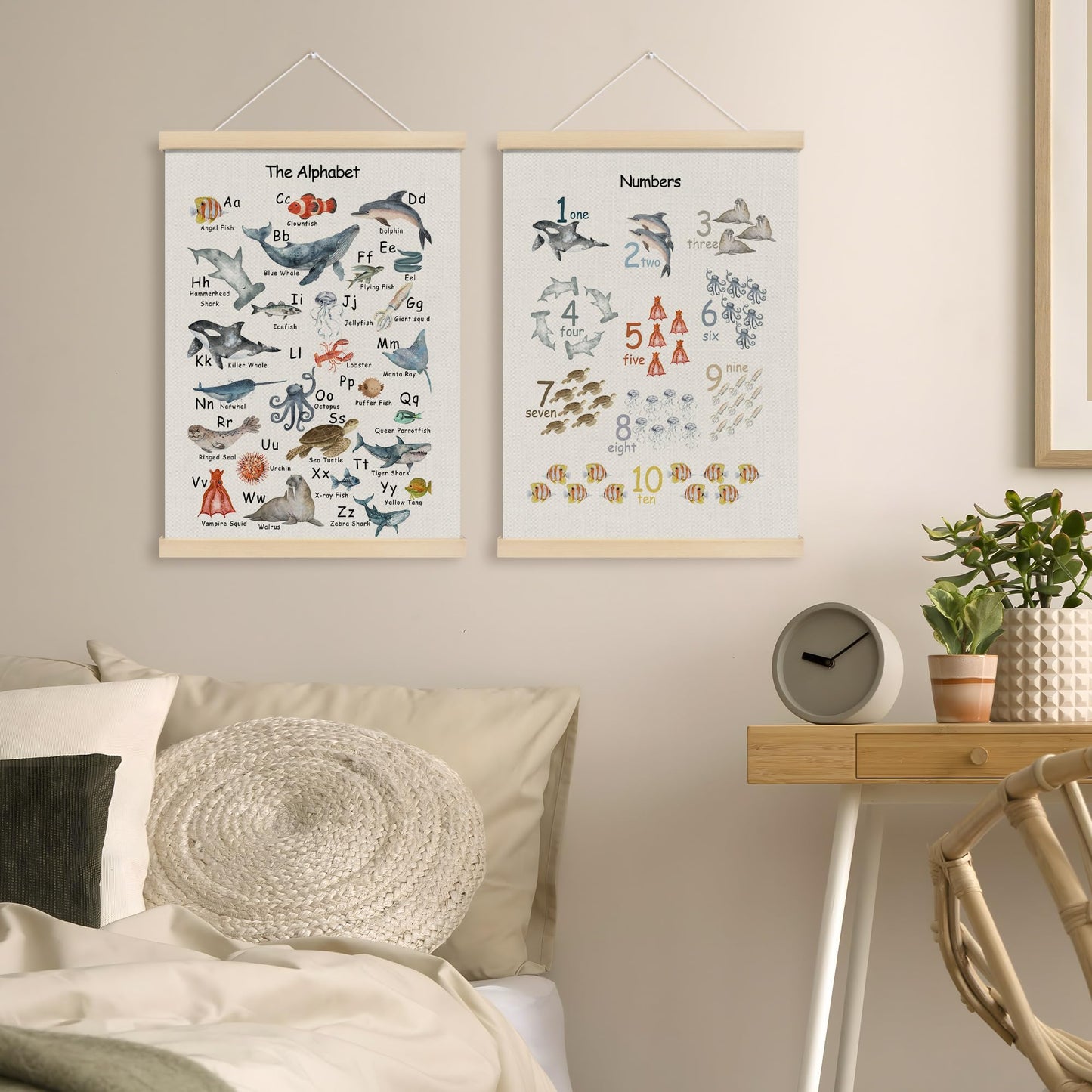 MOTERMATE Ocean Animal Alphabet Numbers Nursery Poster Hanger Frame, Educational Wall Hanging Decor Art Framed for Kids Toddler Room Bedroom Classroom, Nursery Wall Poster Prints, 12x16 Inch Set of 2