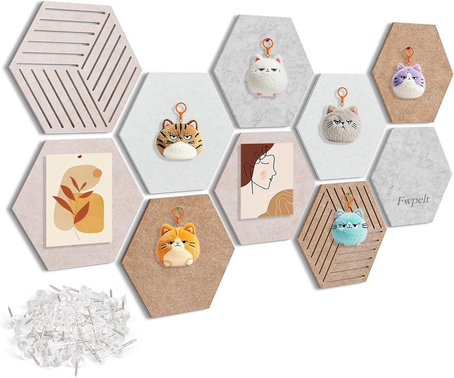 10 Pack Hexagon Cork Board Tiles Alternative, 12'' Fully Self-Adhesive Modern Felt Bulletin for Wall Decor, Frameless Pin Board for Office, Renter-Friendly Decorative Hexagon Corkboard with 30 Pins