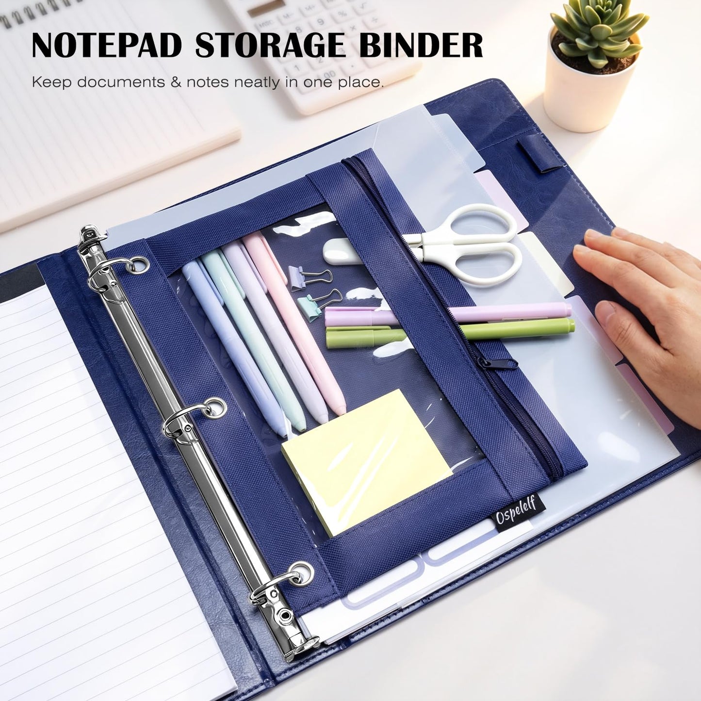 Ospelelf Leather 3 Ring Binder for Letter Size Documents with Durable Pocketed Dividers, Storage Bag & Notepad, 1 Inch Round Rings, Holds 175 Sheets, for Office School Home Organization, Deep Blue