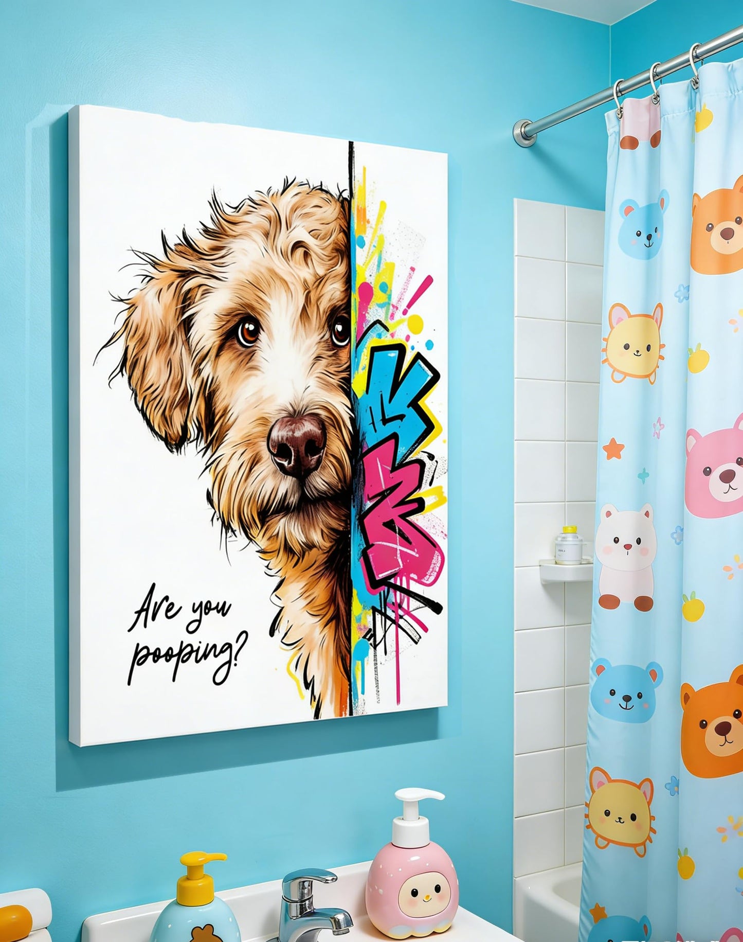 16x24“ Funny Goldendoodle Dog Bathroom Wall Art Painting, "Are You Pooping?" Graffiti Pet Canvas Print, Humorous Restroom Poster Decor for Washroom Bathroom Toilet, Modern Pop Art Dog Lover Gift (Framed)