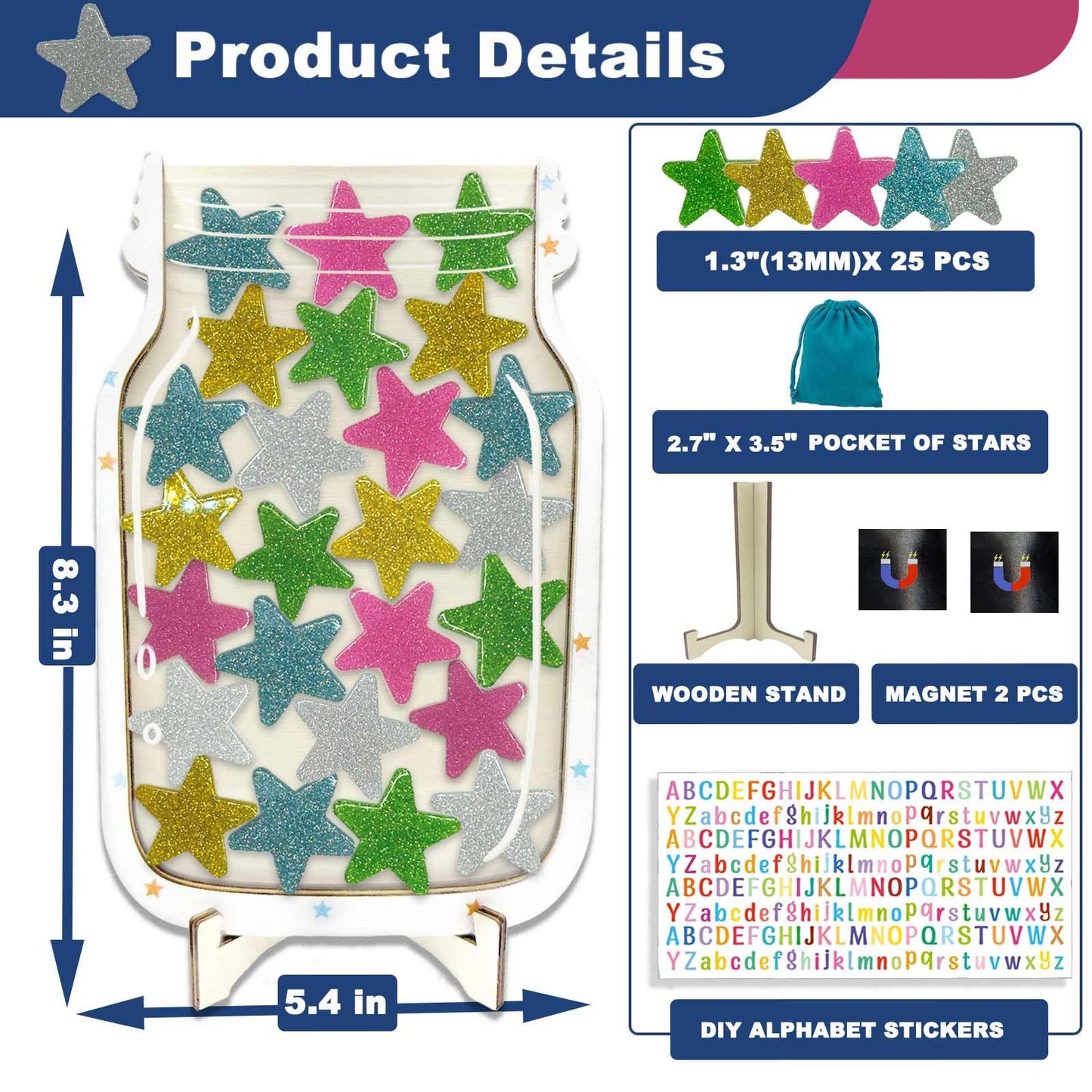 Orbixa Magnetic Star Reward Jar for Kids & Students – Glitter Magnetic Reward System for Classroom & Home, Personalized Behavior Chart with Sparkling Stars, Alphabet Stickers & Velvet Bag (Glitter)