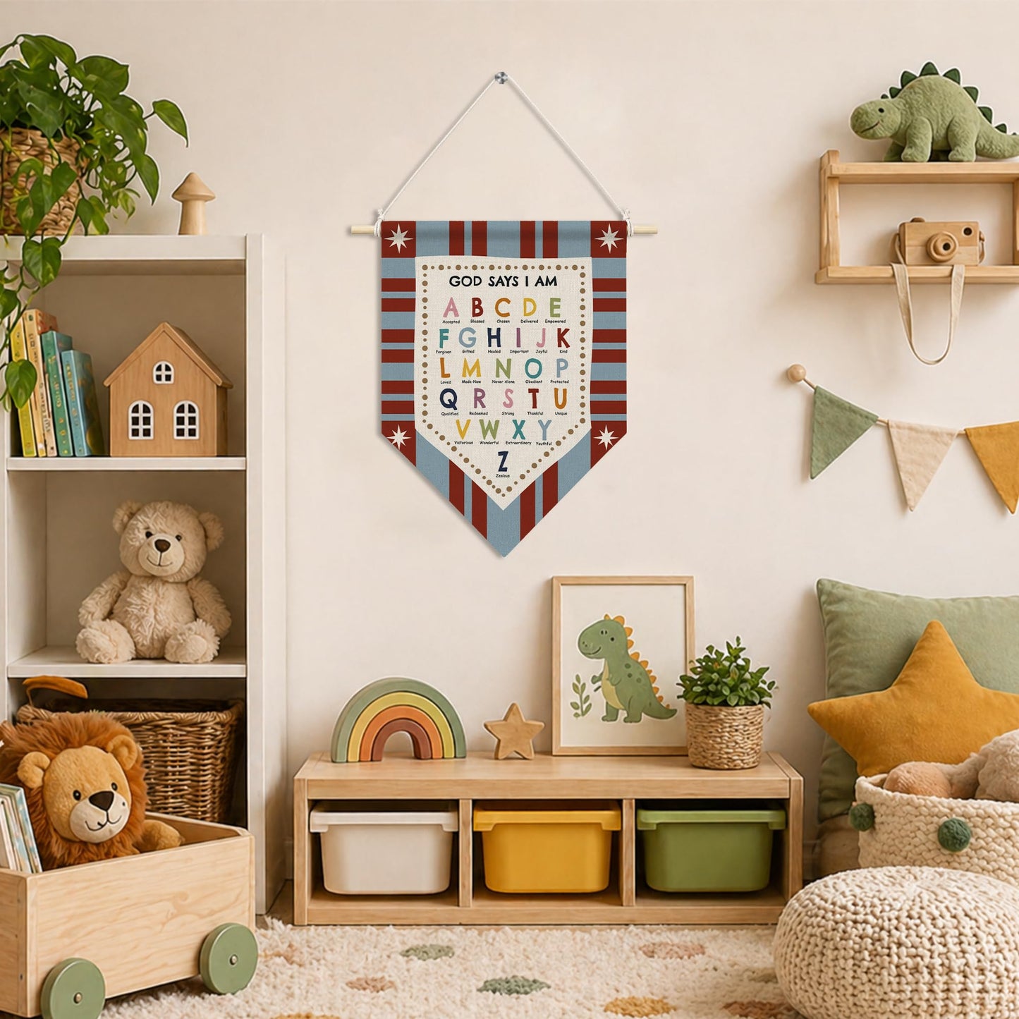RUKUPA Christian Nursery Wall Art Decor, Alphabet Classroom Hanging Pennant Flag, God Says I Am Bible Verse Religious Wall Art Poster Hanger for Kids Room Bedroom Playroom Classroom Decor, 11x15 Inch