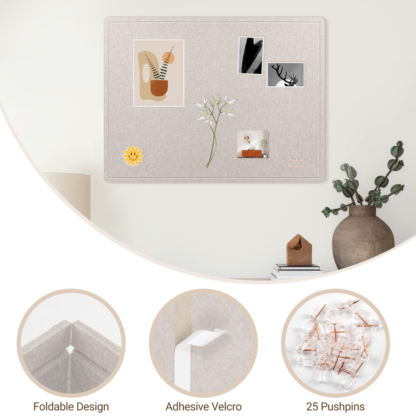 AKTOP Bulletin Board, 24" x 16" Foldable Felt Notice Pin Board for Wall, Decorative CorkBoard Photo Display Board with Self-Adhesive Tape, Vision Board Cork Board Alternative with 25 Pushpins - Latte