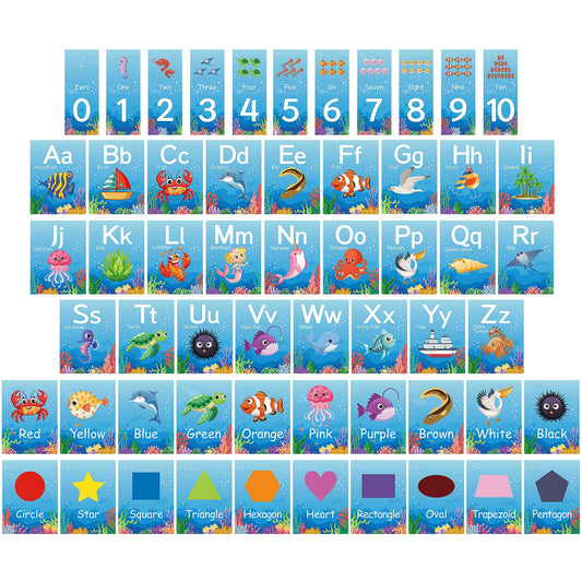 57 Pieces Alphabet Bulletin Board Set, 0-10 Number ABC Posters for Classroom Wall Ocean Classroom Decor Under the Sea Preschool Educational Cards Cutouts Kids Early Learning Colors Shapes Cards Poster