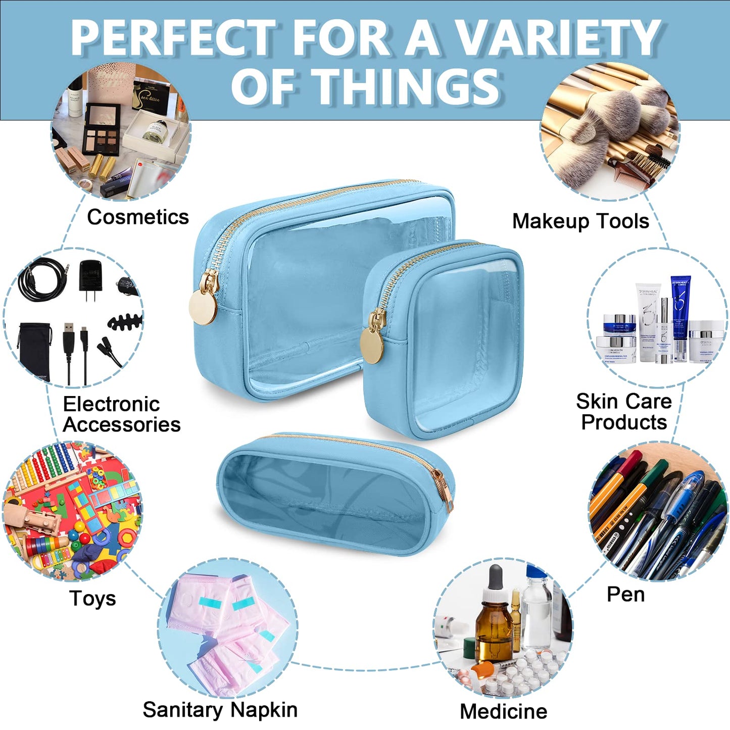 UIXIZQ Clear Mini Makeup Bag for Purse, Small Nylon&PVC Cosmetic Travel Bag TSA Approved Toiletry Bag with Zipper, Preppy Transparent Makeup Travel Bag Coin Purse for Women Men Girls(Mini-Blue)