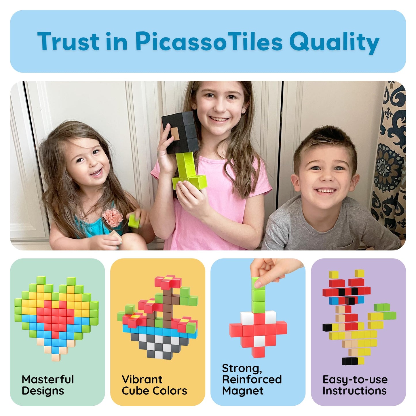 PicassoTiles 108pcs 1” Magnetic Puzzle Cubes Magnet Toys Preschool Construction Building Block Set Sensory Toy Early Education STEM Learning Come with Ideabook for Children Age 3+ Boy Girl PMC108