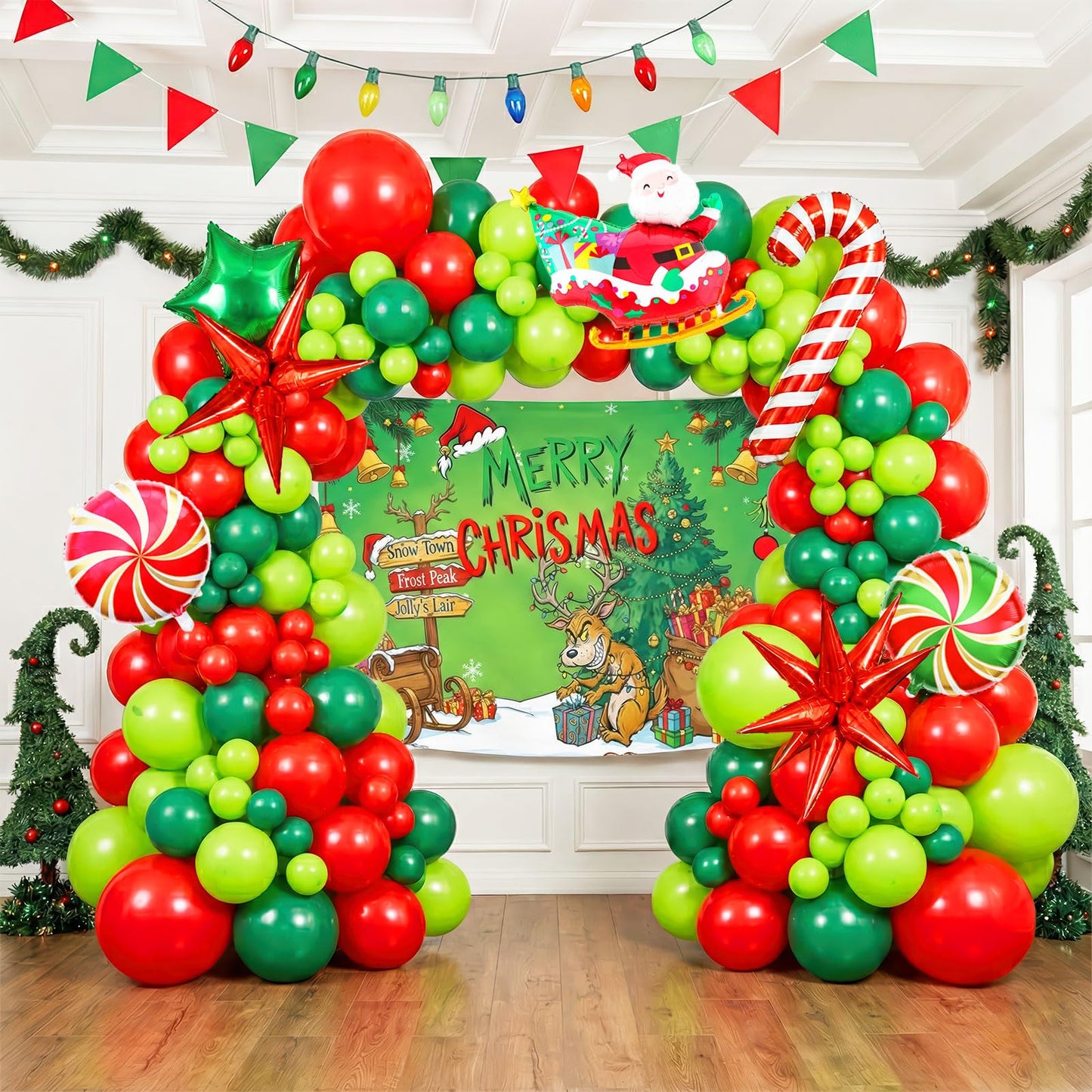 Christmas Balloon Garland Arch Kit with backdrop Xmas Red Green Balloons Candy Cane Santa Claus Star Foil Balloons for Christmas New Year Birthday Party Decorations (Red Green)