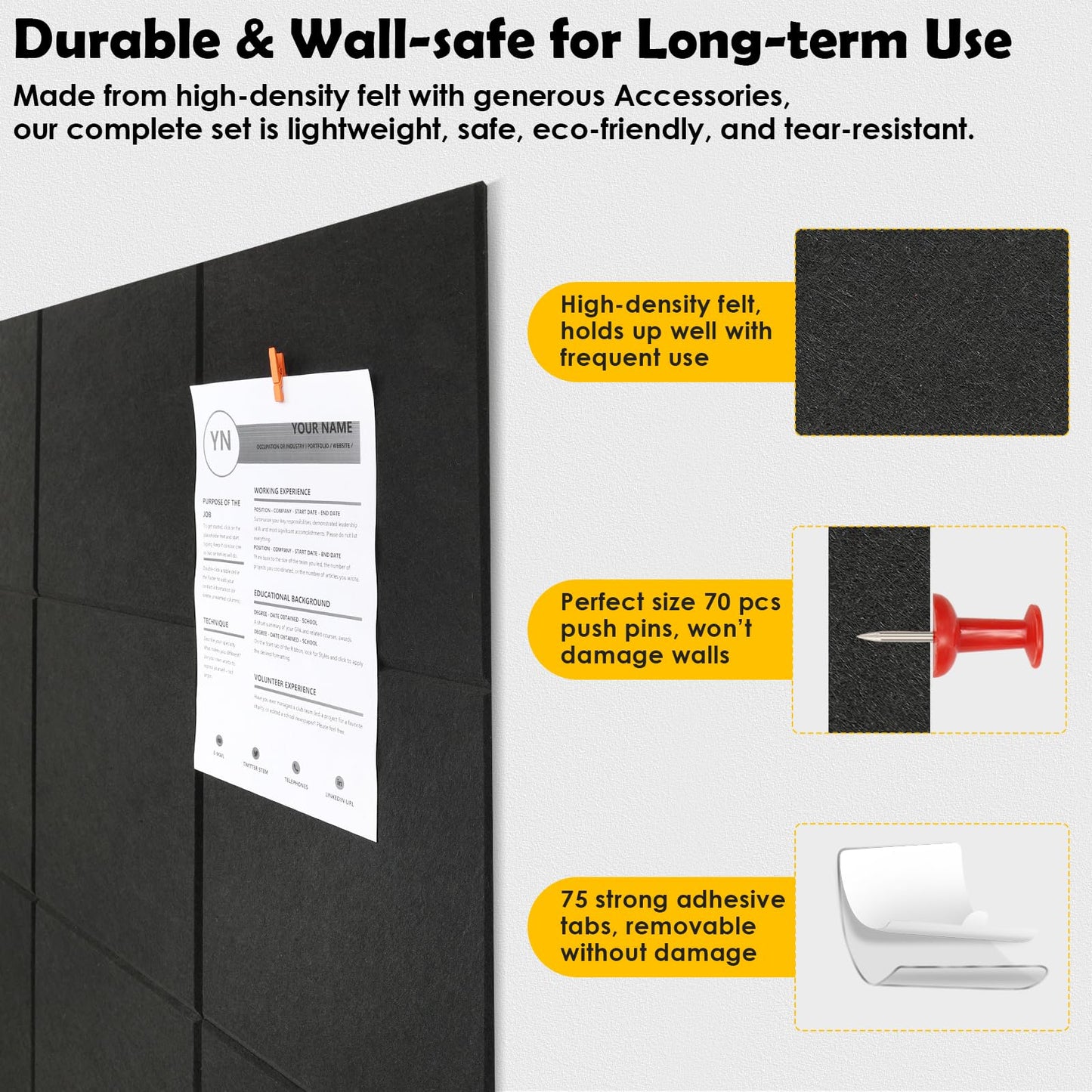 MAPVOLUT 2 Pcs Felt Boards - 24"x12" Reusable Cork Board Alternative for Wall with 30 Pins, 10 No-Trace Adhesive & Guide - Perfect for Office, Classroom, Home Decor, Bulletin Board, and Dartboard