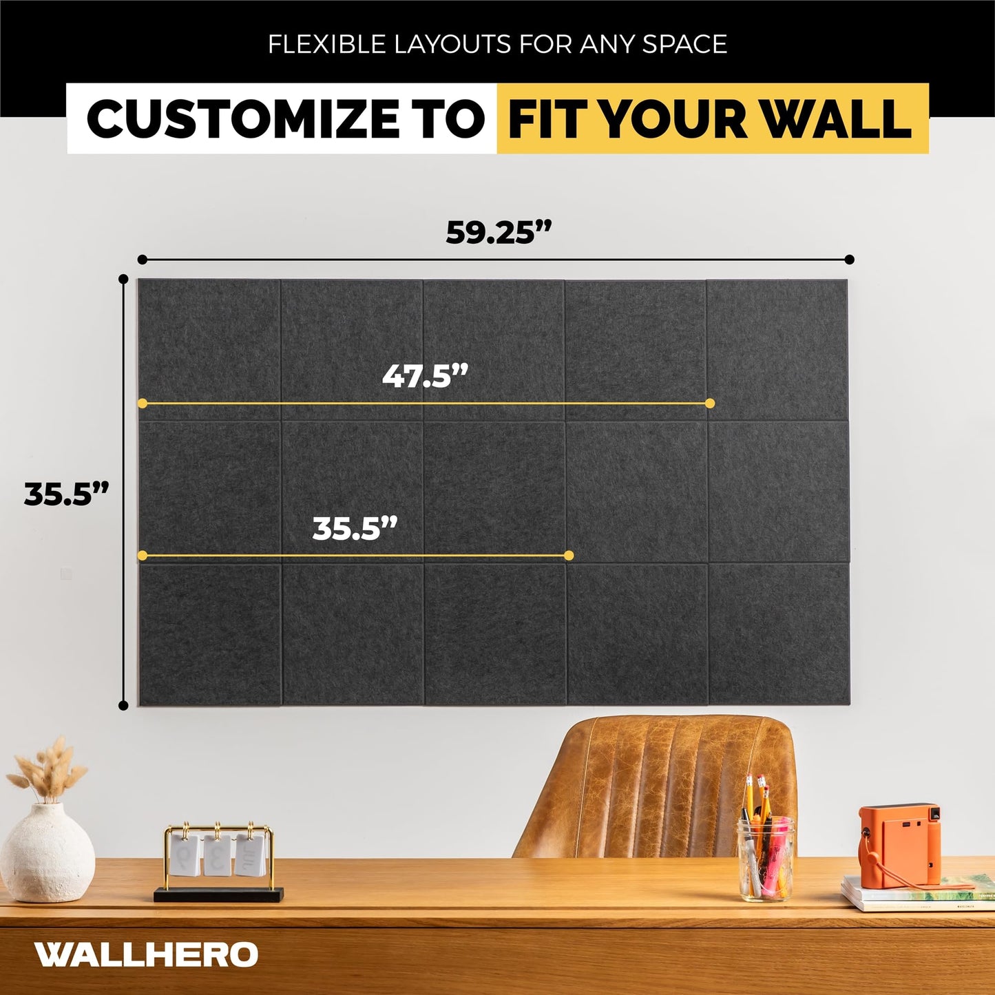 WALLHERO Cork Boards for Office, Dart Board Wall Protector, 59"x36" | 15 Pack | Black Bulletin Board, Cork Board, Cork Board Squares, Homasote Board, Bulletin Board Tiles (Gray Black)