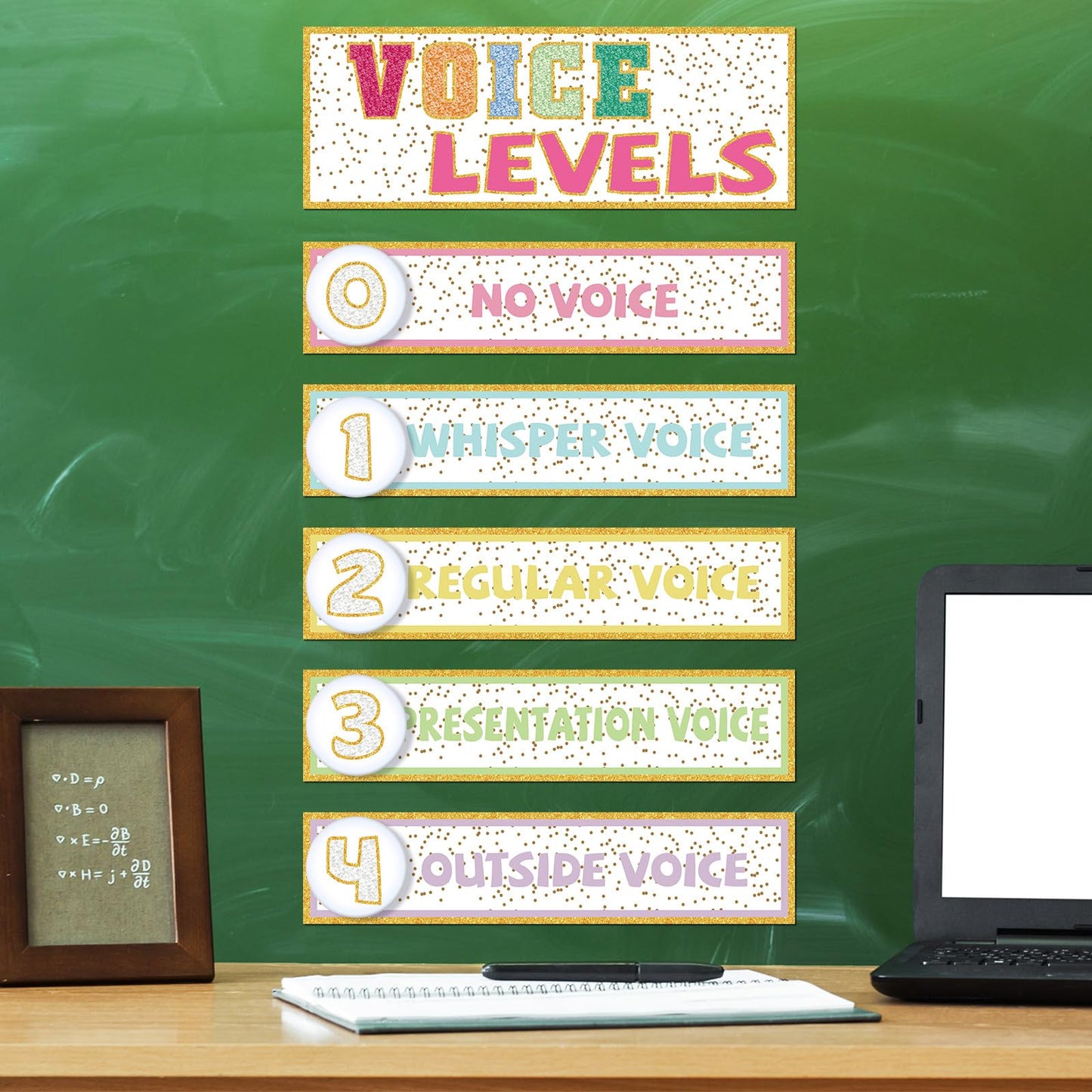 Glooglitter 5 Pcs School Magnetic Voice Level Chart Poster and Push Light Boho Classroom Decor LED Tap Light Chart Noise Voice Level Rules Sign for Classroom Teachers Back to School Supplies