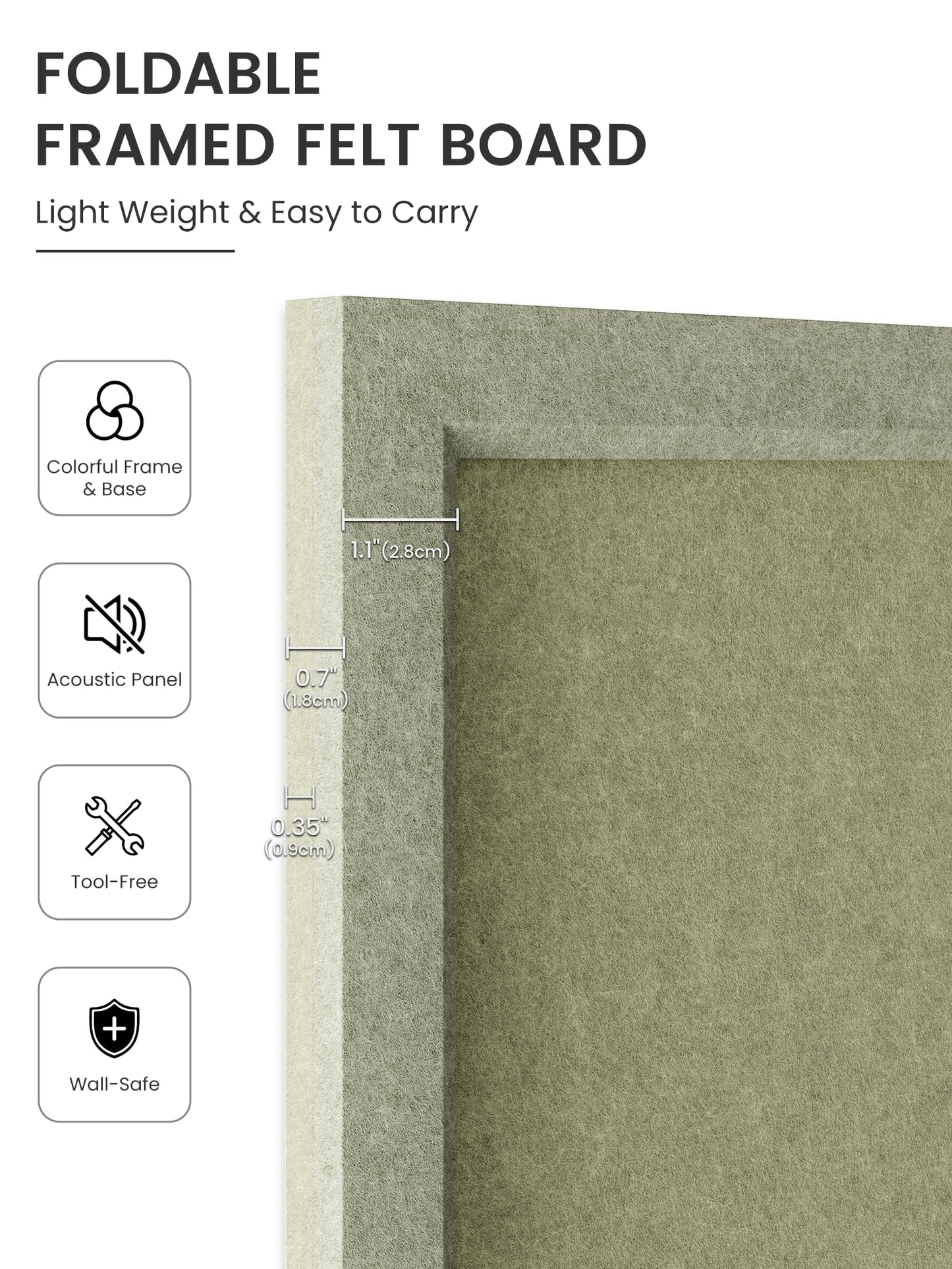 Fluxynara Foldable Cork Board Alternative, Felt Bulletin Board 23.6" x 17.5" Sage Frame with 12 Adhesive Tabs, Pin Board for Home Office, Classroom, Entryway, Kitchen Wall Decor—Olive Green