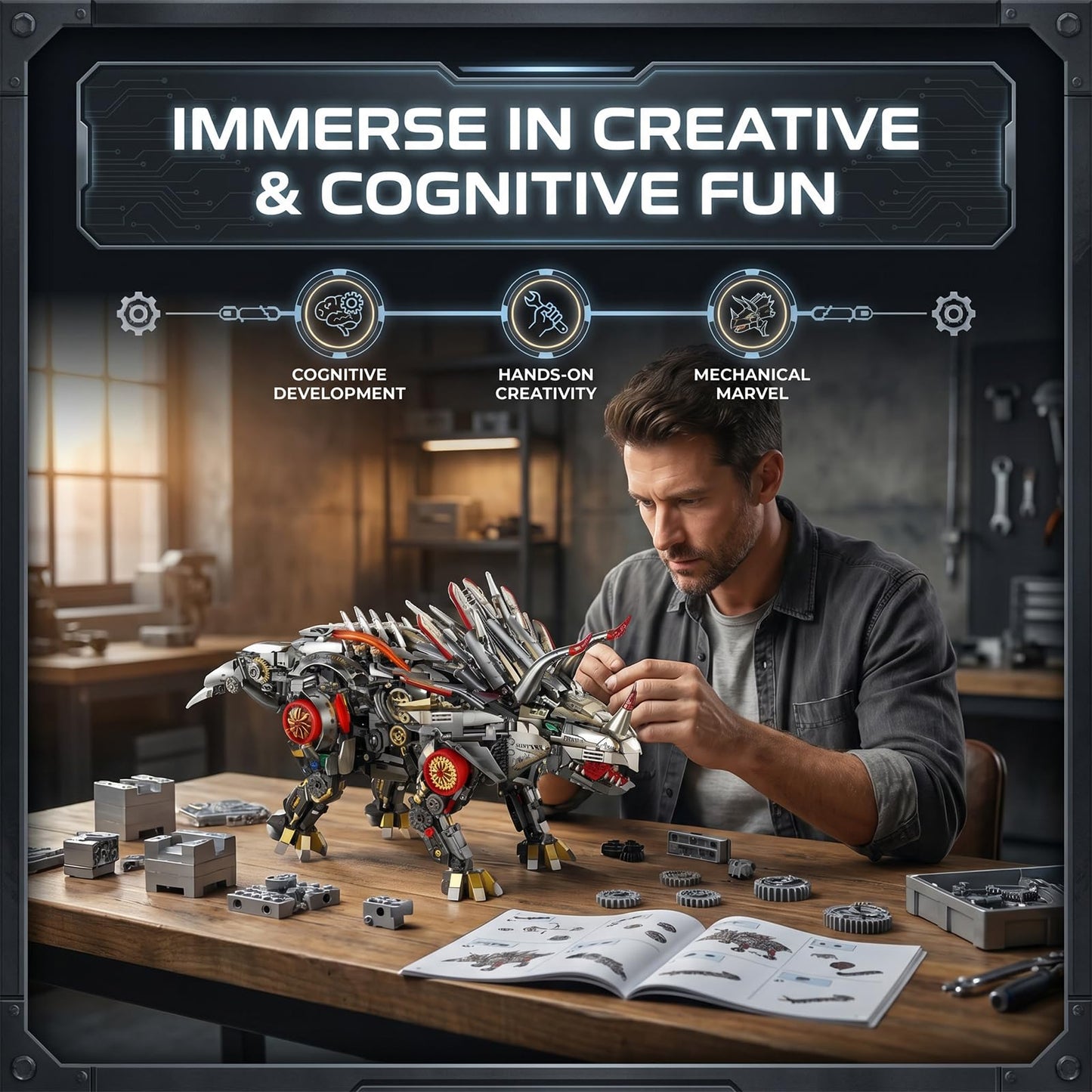 Myth Qholve Mechanical Triceratops Building Set with LED Lights, Engine & Generator, Remote Control Drive, Display Stand, Movable Gears, Large Scale RC Dinosaur Model for Home Office Decor, 1100+PCS