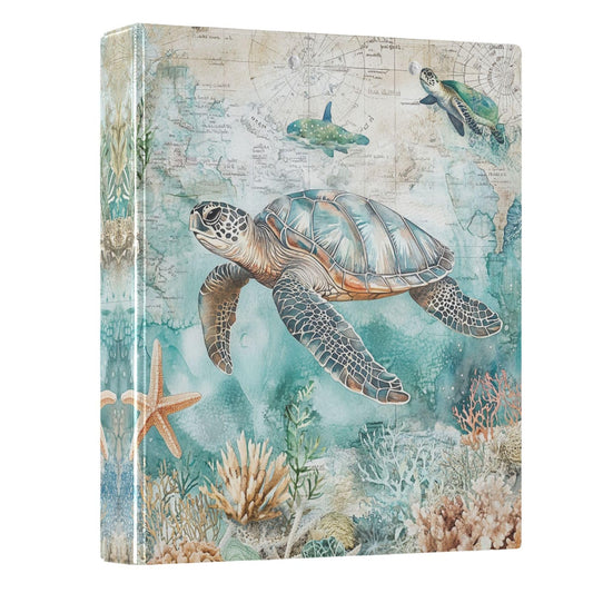 Sea Turtle Shell Starfish Coral Round Ring Binders 1.5 Inch Whale Nautical Ocean Theme 3 Ring Clipboard Binder for Office School Work Supplies File Folder 200 Sheet Capacity