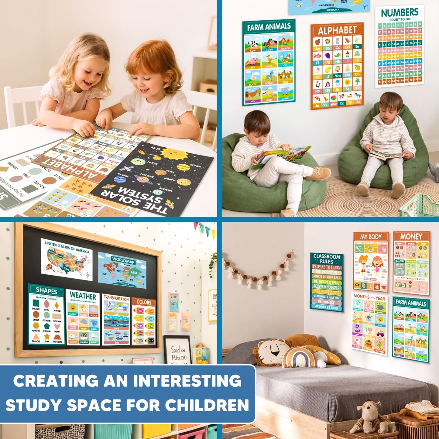 KIDS KING 18 Learning Posters for Toddlers 1-3, Pre-K and Kindergarten Laminated Waterproof Educational Poster Charts for Preschoolers - Homeschool and Classroom Decor