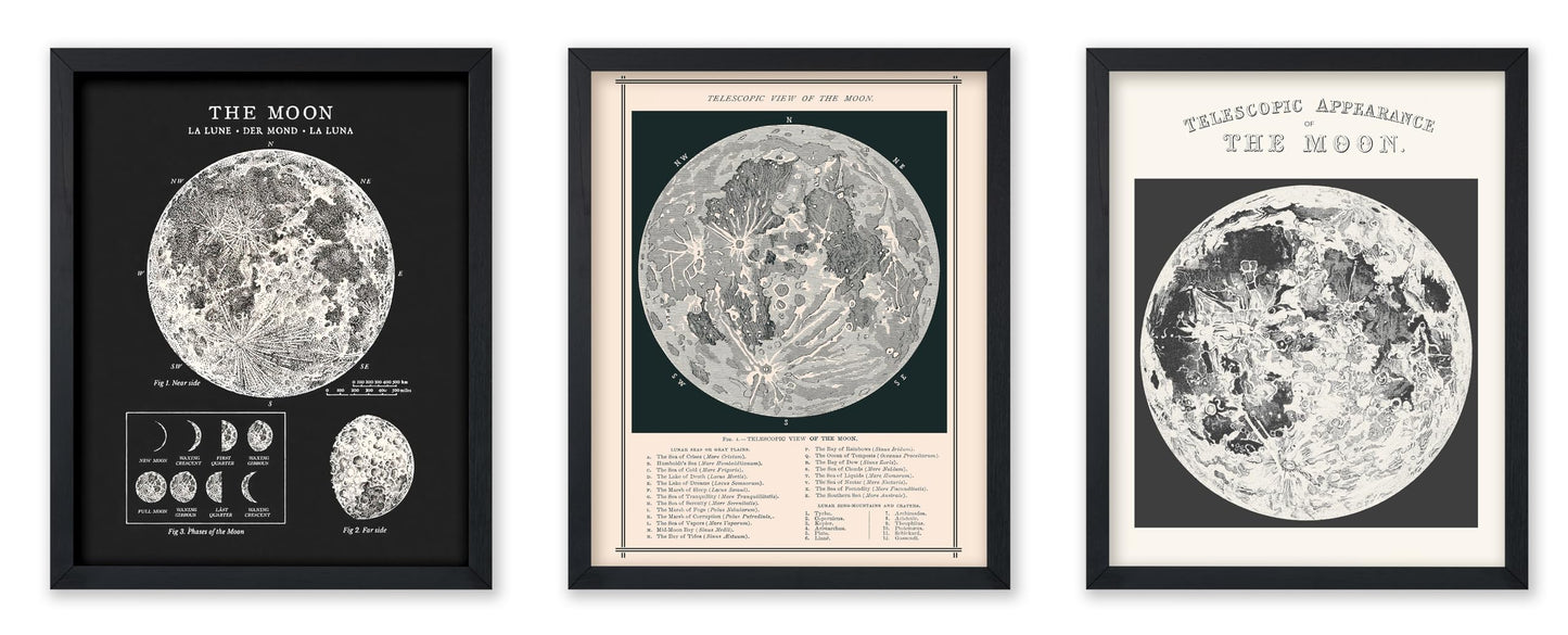 Poster Master 3-Piece Moon Wall Art Set, 8x10 Unframed Art Print Posters, Lunar Home Decor, Astrological Room Decoration Poster, Black & White Moon Design, Gift for Planetary Astrology Fans