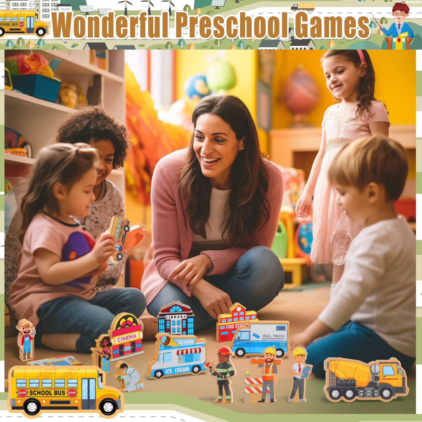 Blosssound 81 Pcs Wooden Community Helpers Toys Wooden Car Town Set Wood People Figures Multicultural Career Wood Blocks for Preschool Classroom Diversity Play Games Educational Activity Supplies