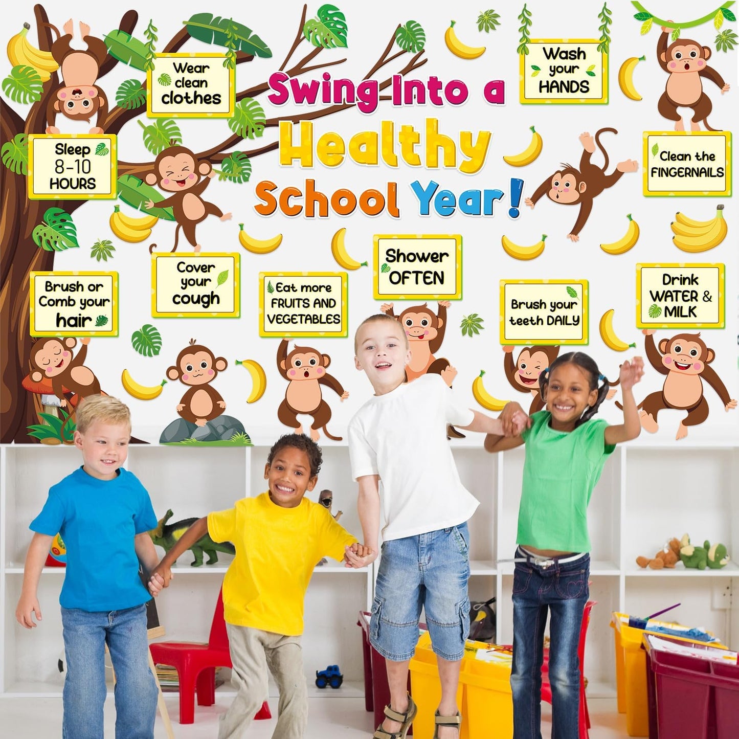 gisgfim Monkey Health Bulletin Board Set Healthy Habits Classroom Decoration Jungle Animal Paper Cutouts for Back to School Swing Into a Healthy School Year Tree Wall Chalkboard Decor Teacher Supply