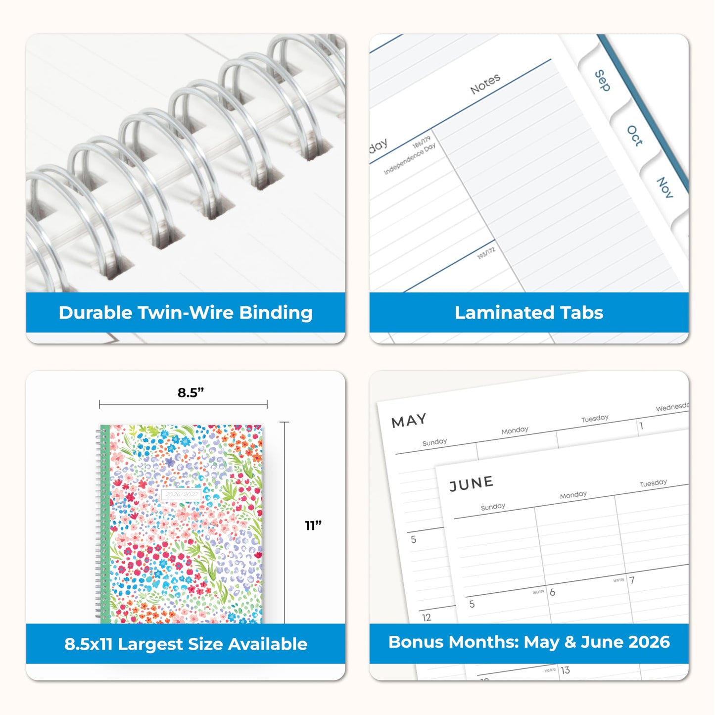 Blue Sky 2026-2027 Weekly and Monthly Academic Year Teacher Lesson Planner Calendar, July 2026 - June 2027, 8.5" x 11", Clear Pocket Cover, Wirebound, Laminated Tabs, Storage Pocket, Ditsy Dapple Light
