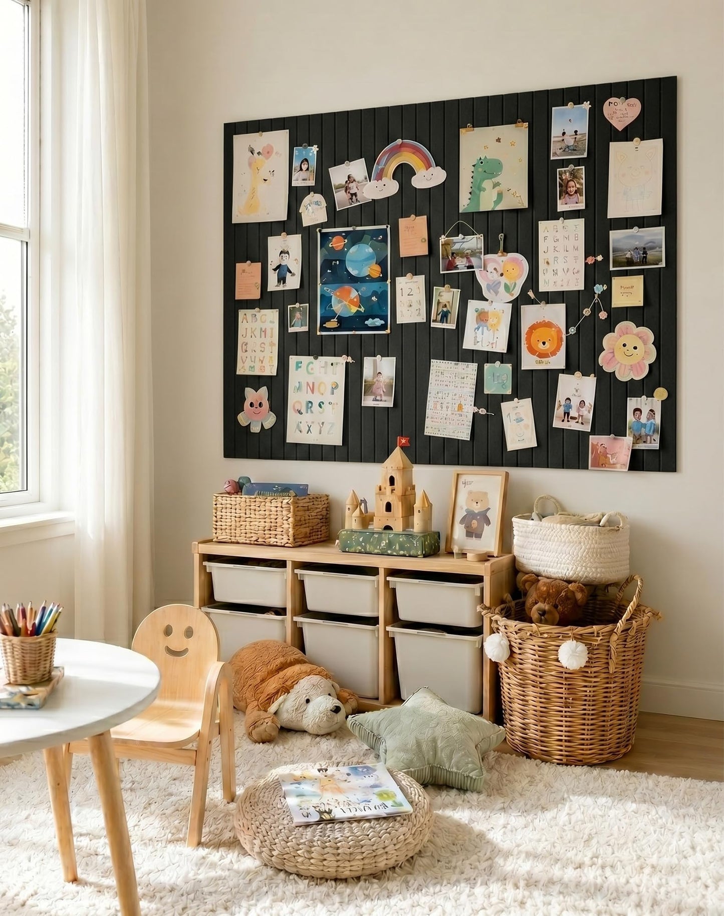 Aothia 12-Pack Felt Bulletin Board Tiles 48"x36", Modular Pin Board for Smooth Walls, Cork Board Alternative for Notes & Photos, 0.35" Thick, 70 Adhesive Tabs & 40 Pins, Black
