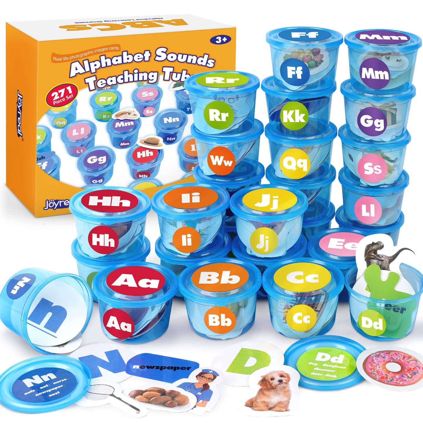 Joyreal 271 PCS Alphabet Learning Toys for Toddlers 3-5, 26 Alphabet Soup Sorters with 245 Flash Cards, Montessori Preschool Classroom Must Haves, Early Letter Sounds Recognition Activities