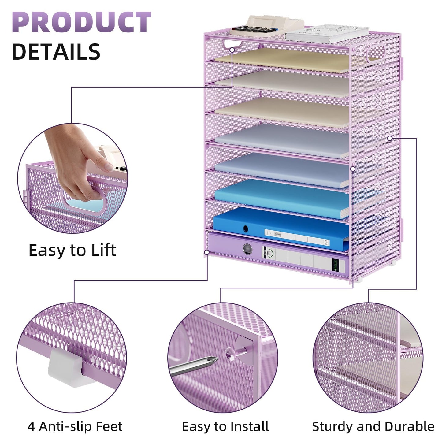 Marbrasse Paper Organizer Letter Tray, 9 Tier Mesh File Organizer with Handle, Paper Sorter Desk Organizer for Home Office Supplies - Purple