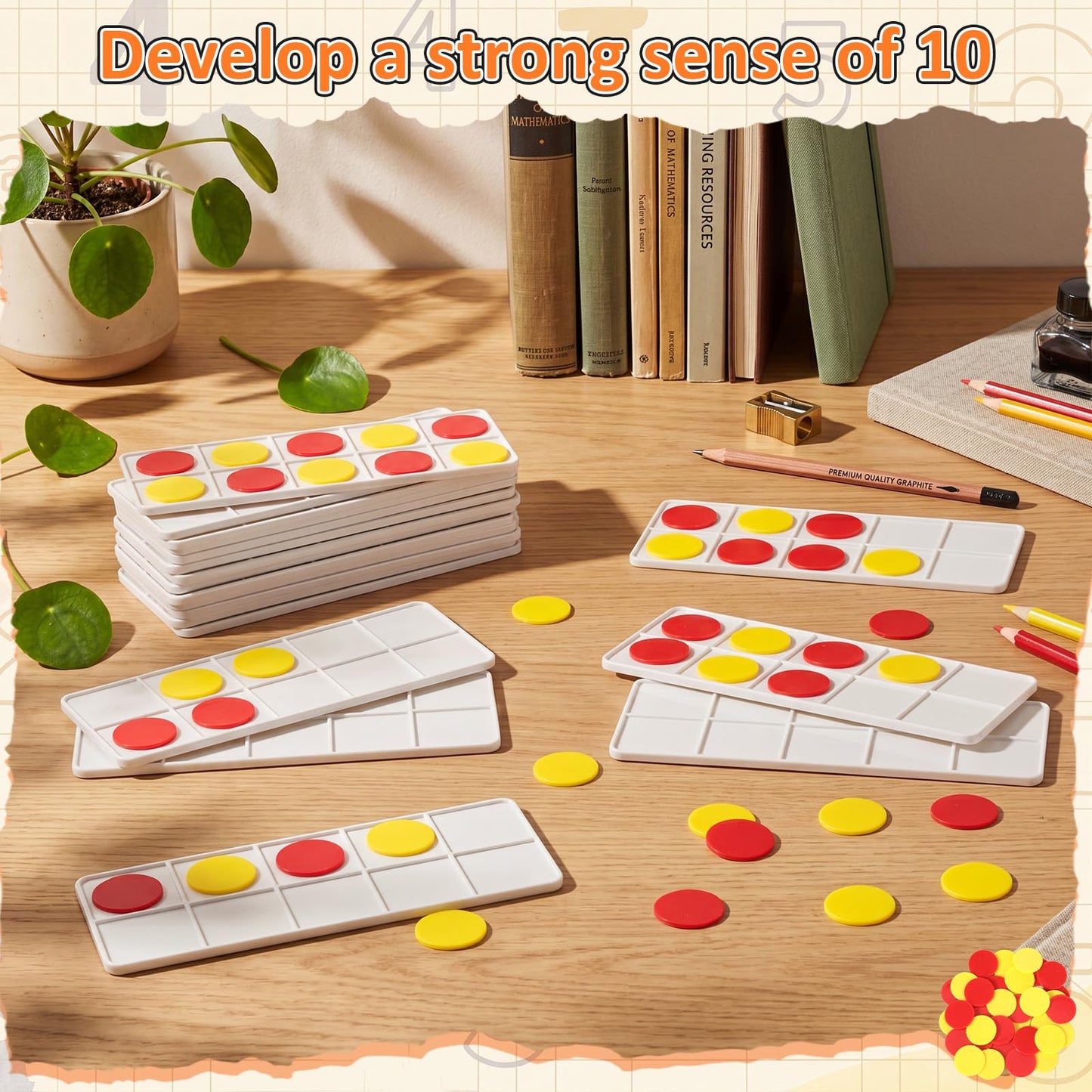 Soulchen 48 Sets Plastic Ten Frames for Classroom Math Manipulatives for Kids Classroom Math Counters Supplies Including 48 Plastic Ten Frames, 480 Counters for Teach Number Concepts (Red, Yellow)