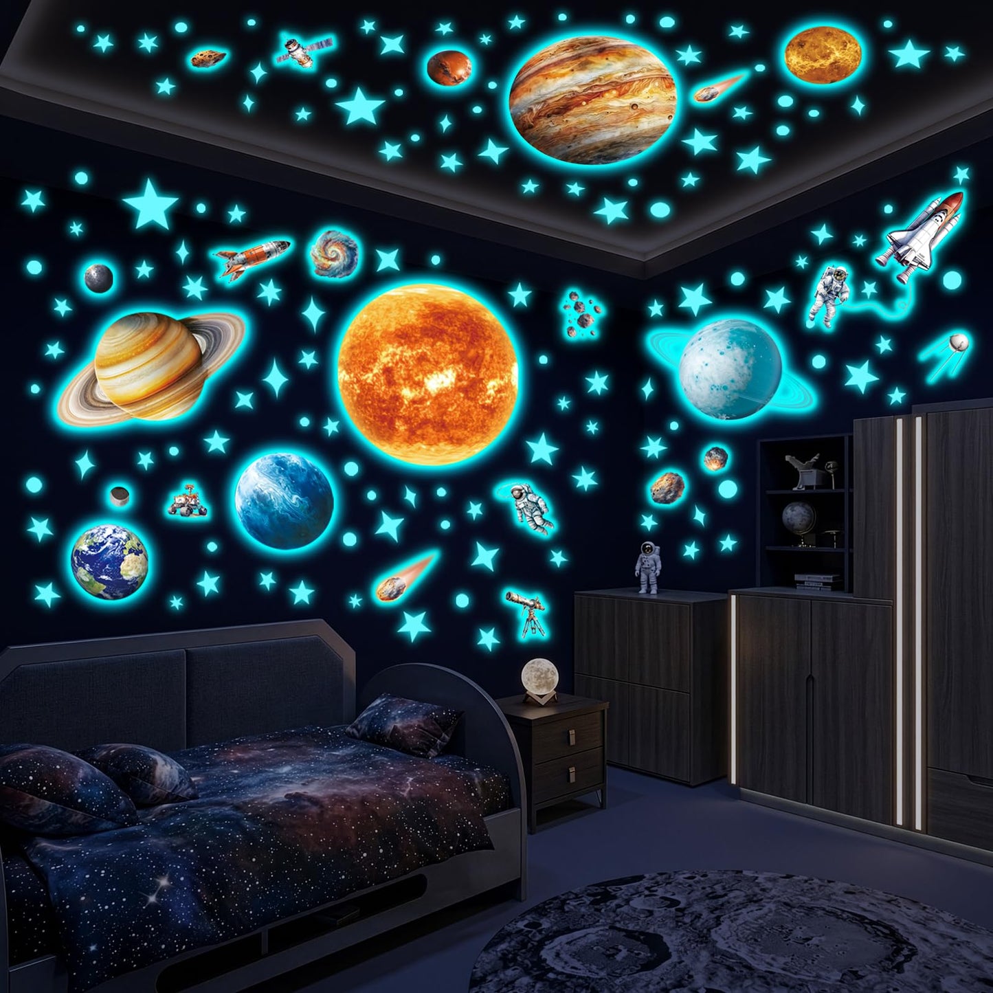 DECOWALL Glow in the Dark Solar System Wall Stickers – Planets, Sun, Moon and Stars Space Glow Wall Decals for Kids Bedroom Nursery Playroom Decor (GDS8-7002)