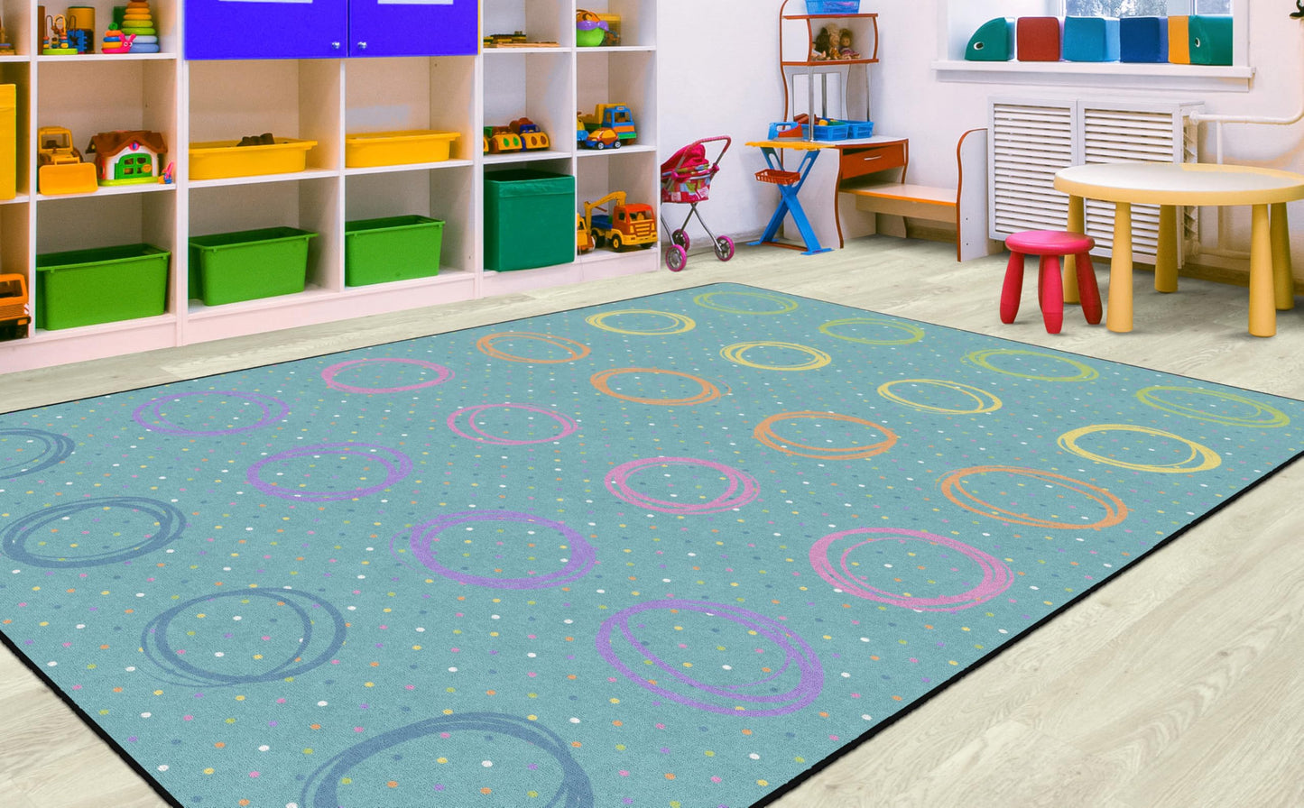 Flagship Carpets Circle Sampler Abstract Classroom Educational Area Rug for Kids and Teachers, Durable Quality for Schools, Preschool, Daycare, & Learning Centers, Seats 20, 7'6" x 12', Blue & Multi