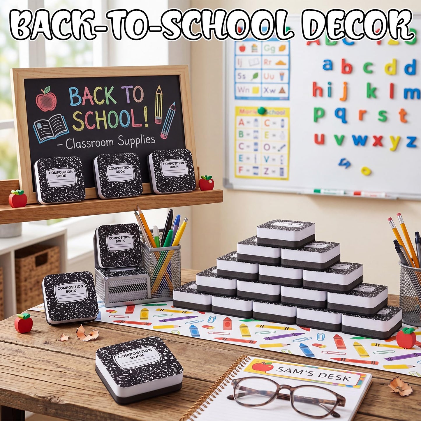 YooNotee 48 Pack Composition Book Magnetic Dry Erase Erasers 2x2 Inch, Mini Whiteboard Dry Erasers Back to School Supplies Chalkboard Cleaning Pads for Classroom Office Kindergarten Decor