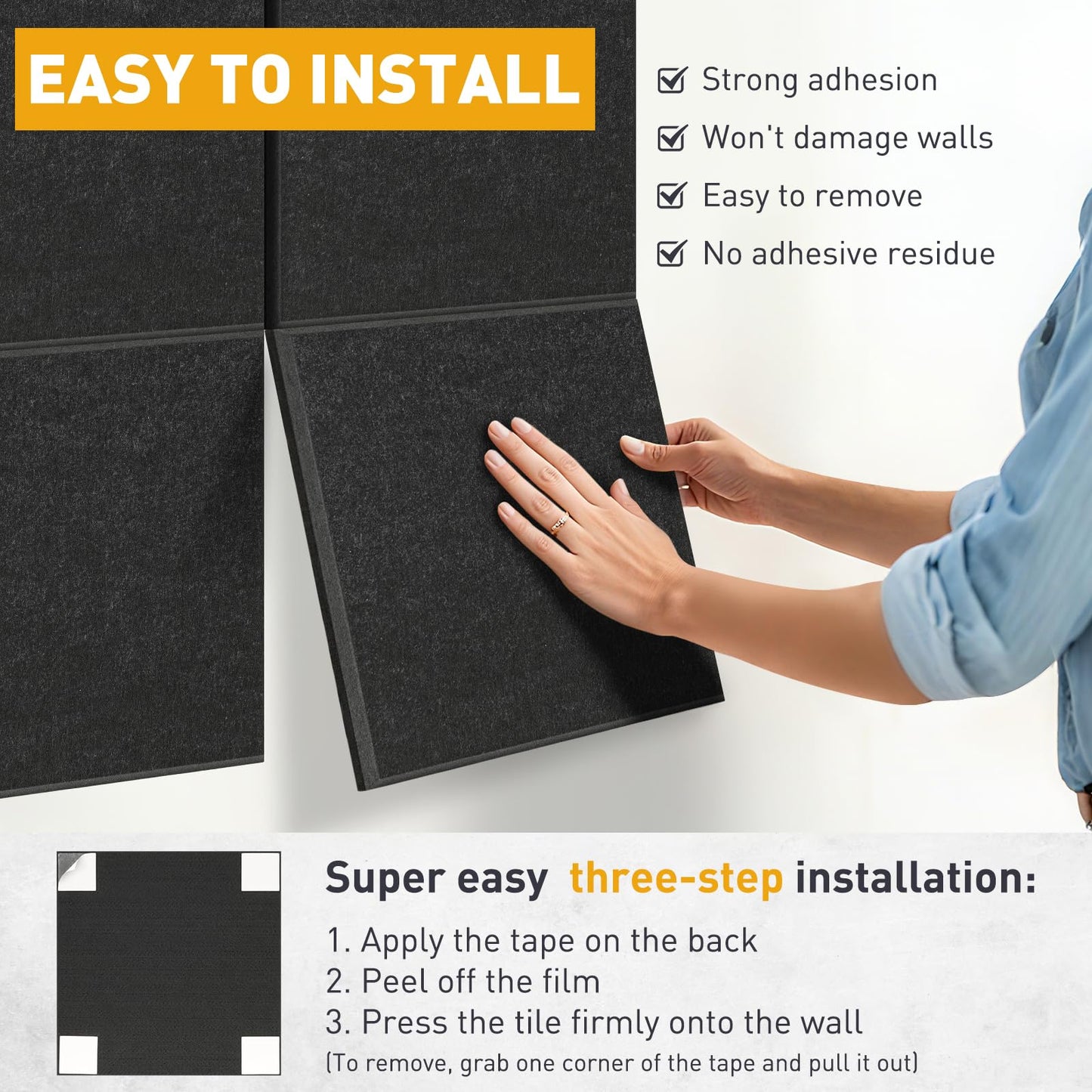 QUEENLINK Large Felt Bulletin Board 48"x36", 12-Pack, Cork Board Alternative with 48 Removable Adhesive Tabs, Felt Wall Tiles Pin Board Tack Board for Home Office Wall Decor, Black