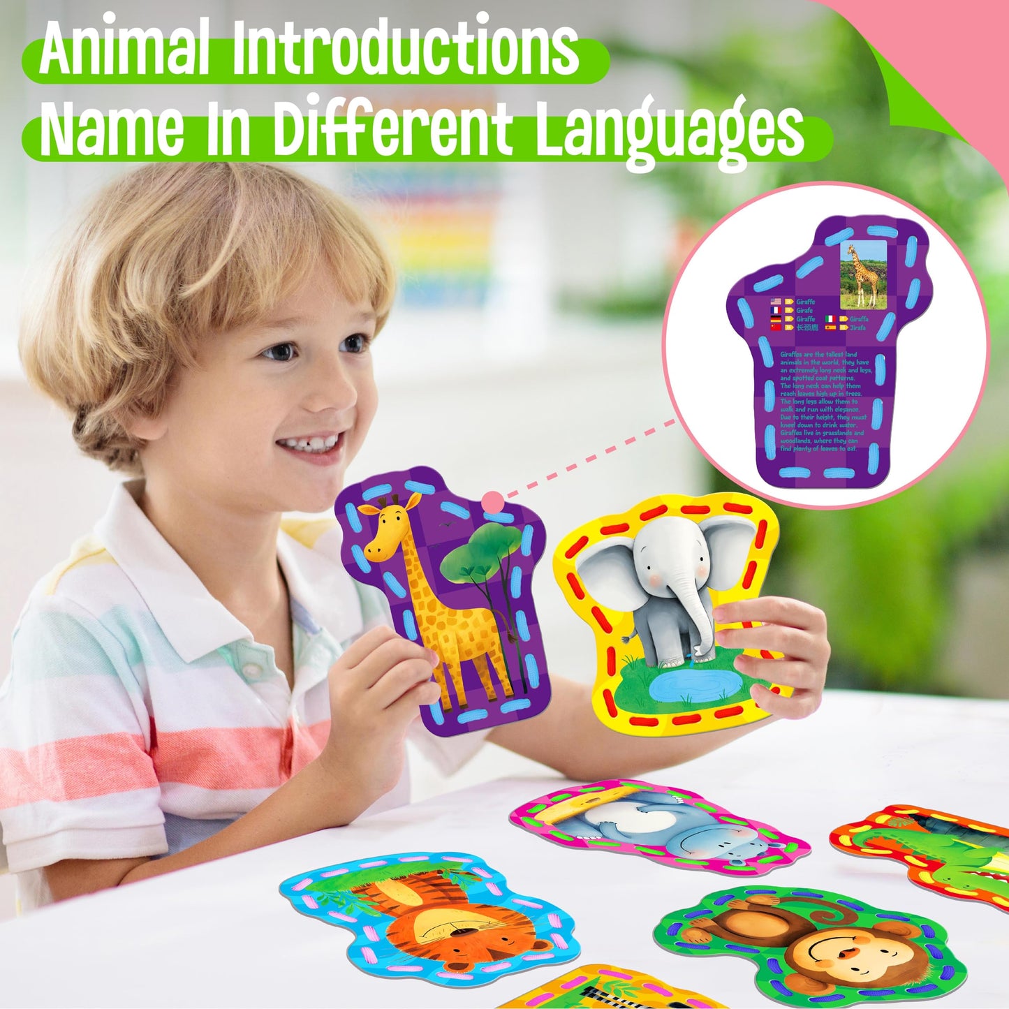 SpriteGru 9 PCS Kids Lacing Cards, 9 Double Sided Wild Animals Sewing Cards with 9 Colorful Laces, Educational & Learning Toys for Preschoolers, Kids Ages 3+