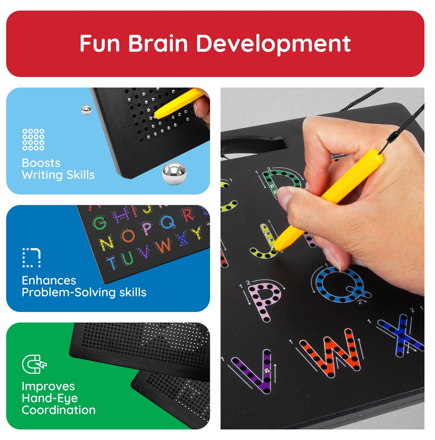 PicassoTiles 2in1 Magnetic Drawing Board Toy 12x10 In Large Magnet Bead Pad with Alphabet and Math Side in Black STEM Educational Writing Playboard Reusable Erasable Learning Tablet for Kids PTB02-BLK