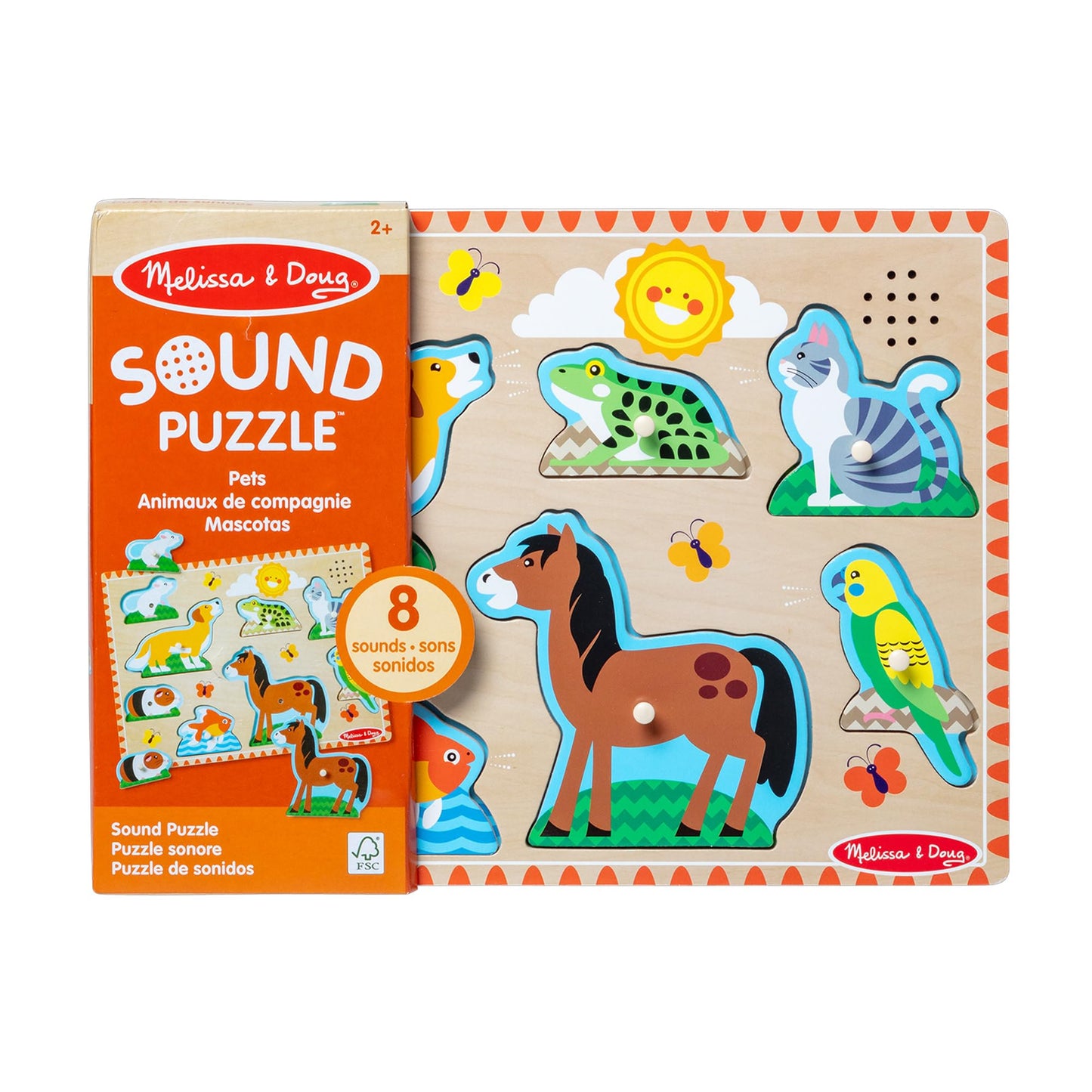 Melissa & Doug Zoo Pet Animals Sound Puzzle – 8-Piece Wooden Peg Puzzle with Light-Activated Sounds, Music Learning Toy for Toddlers and Preschoolers Ages 2+