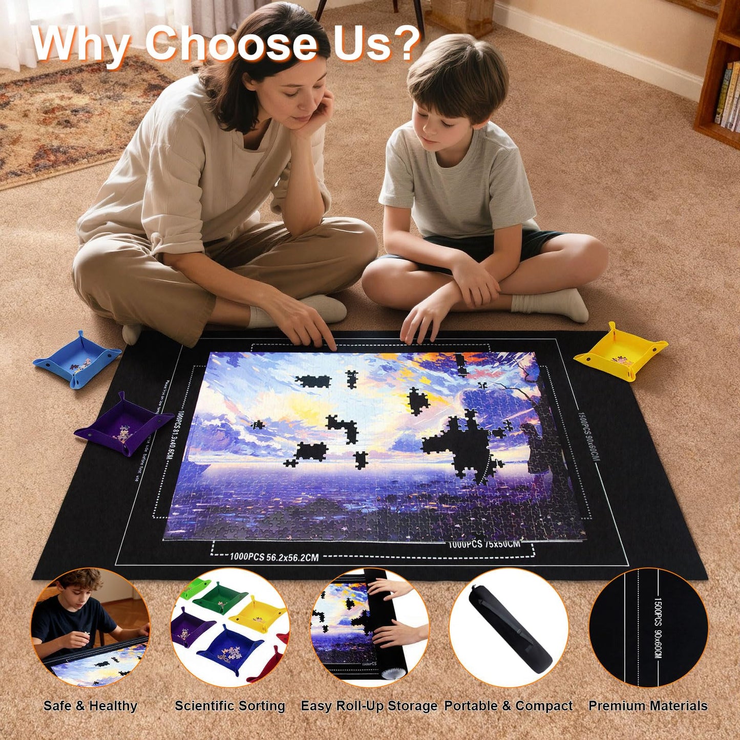GOECI Portable Puzzle Mat Roll Up Set with 8 Sorting Trays, Pump & Storage Bag - Felt Puzzle Board Saver Keeper for 500, 1000, 1500 Piece Jigsaw Puzzles - Large Puzzle Mat for Adults & Kids