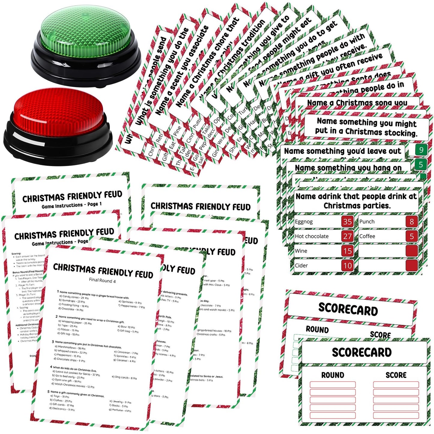 Humyoun Christmas Friendly Feud Game with 2 Answer Buzzers, Holiday Feud Cards for Family Game Night Fun Trivia Quiz for Xmas Party Office Class Groups Team Building