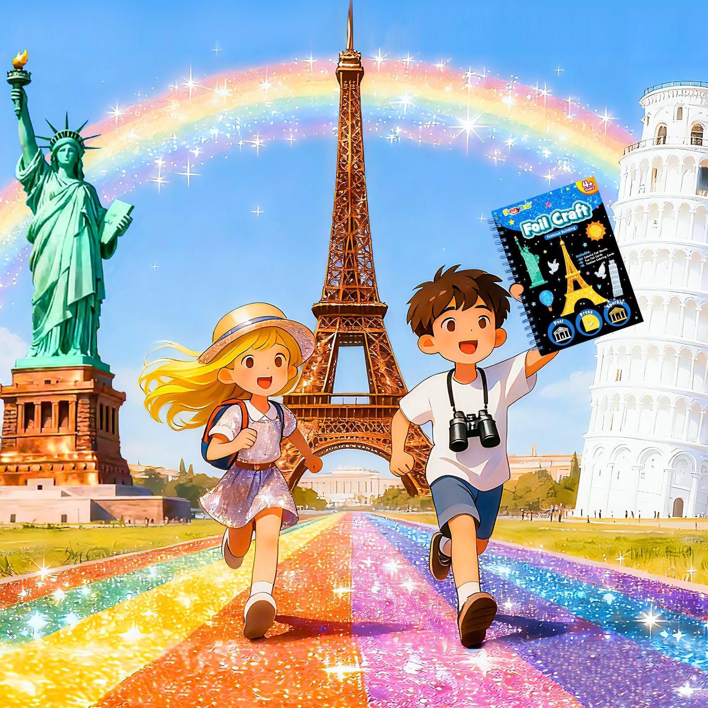 FUNNYB&G Foil Art Craft Kit for Kids 4-10 Years Old: Mess-Free & No-Glue, Create 16 Sparkly Famous Building Pictures – Perfect Travel Toy & Birthday Gift for Kids (Buildings)