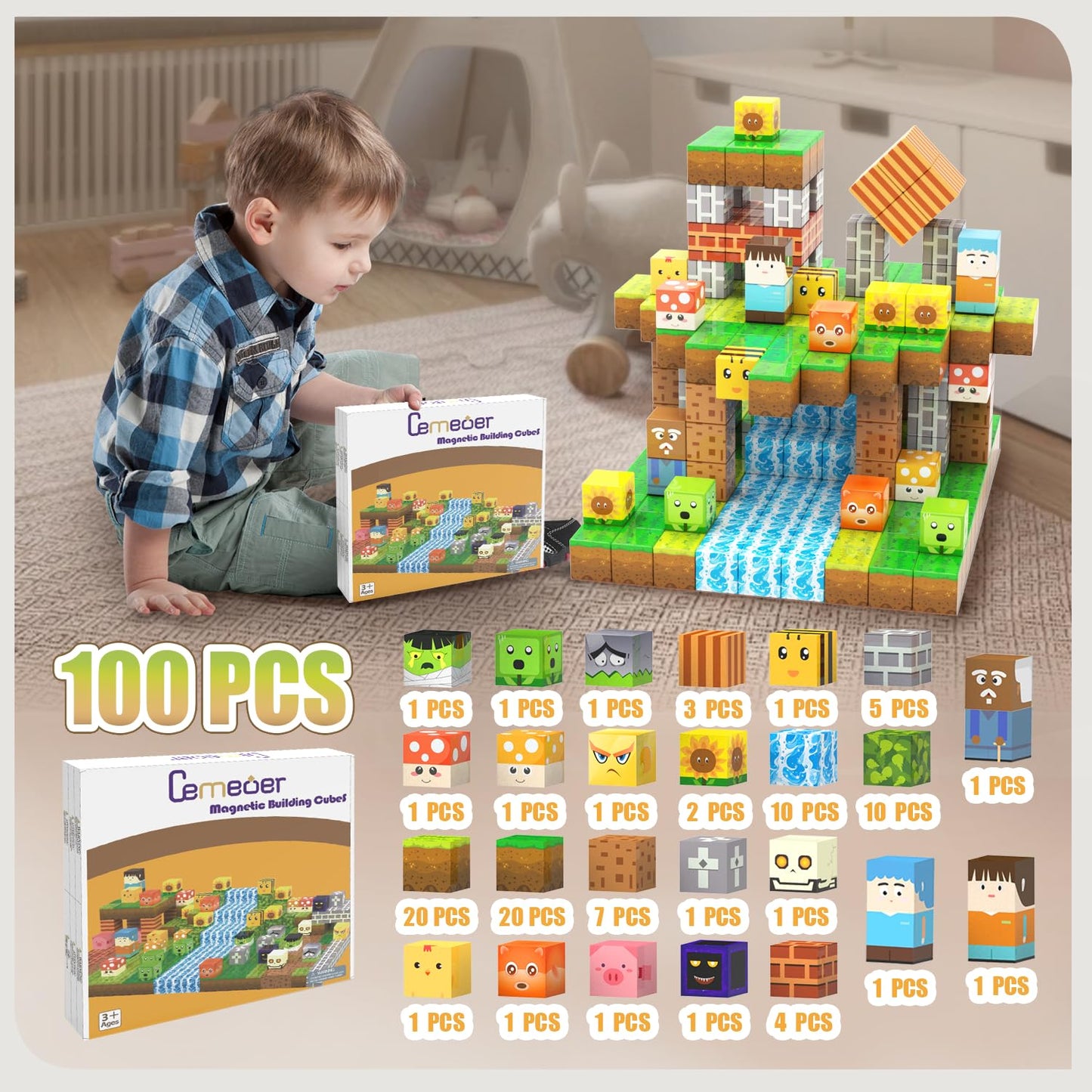 CEMECER Magnetic Blocks, 100PCS 1in Zombie Magnetic Building Blocks Toy for Kids Build Cubes, Stacking Magnetic Tiles, Sensory Montessori Construction Game Toys, Boys Girls Christmas Birthday Gifts.