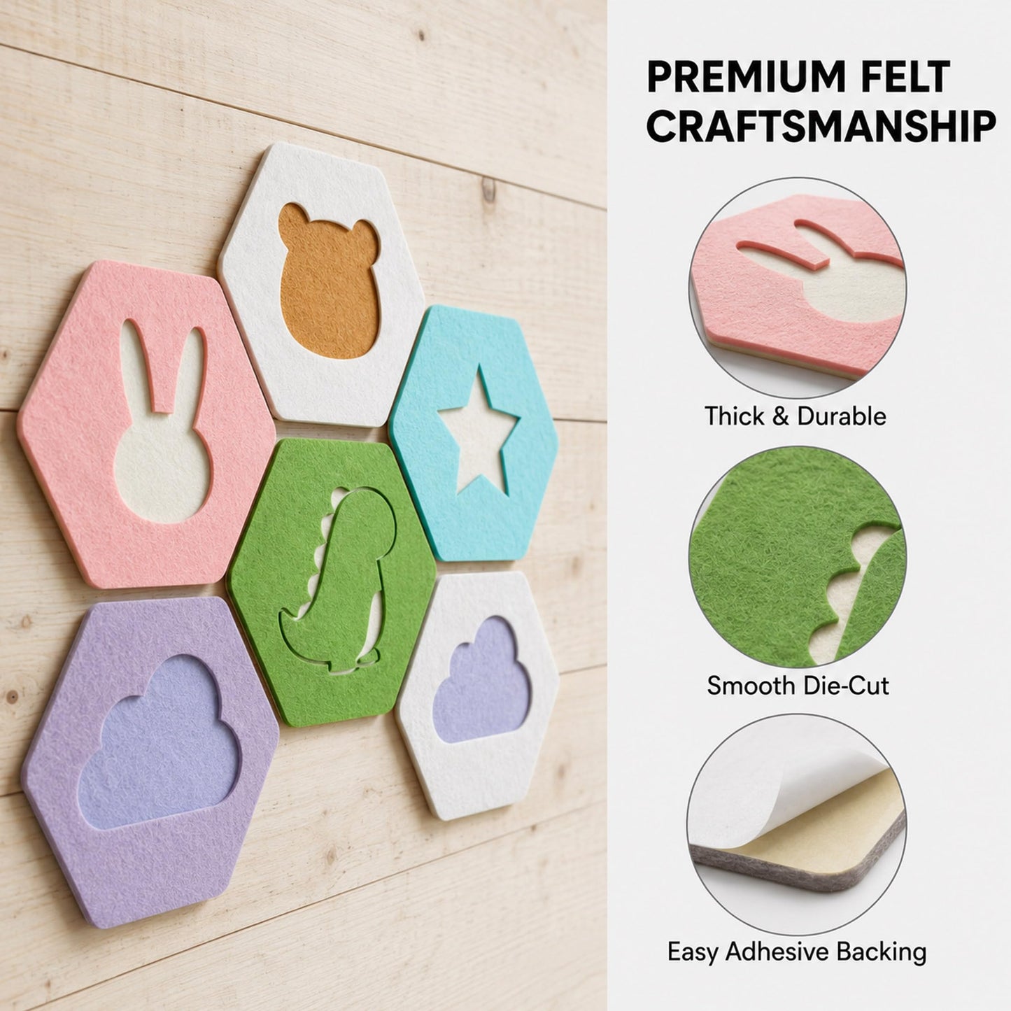 HBK 10 Pack Self Adhesive Felt Bulletin Board Tiles for Wall, 12 Inch Hexagon Pin Board Set with Cute Shapes and Push Pins, Photo Memo Board for Kids Room, Nursery, Classroom, Home Office Decor