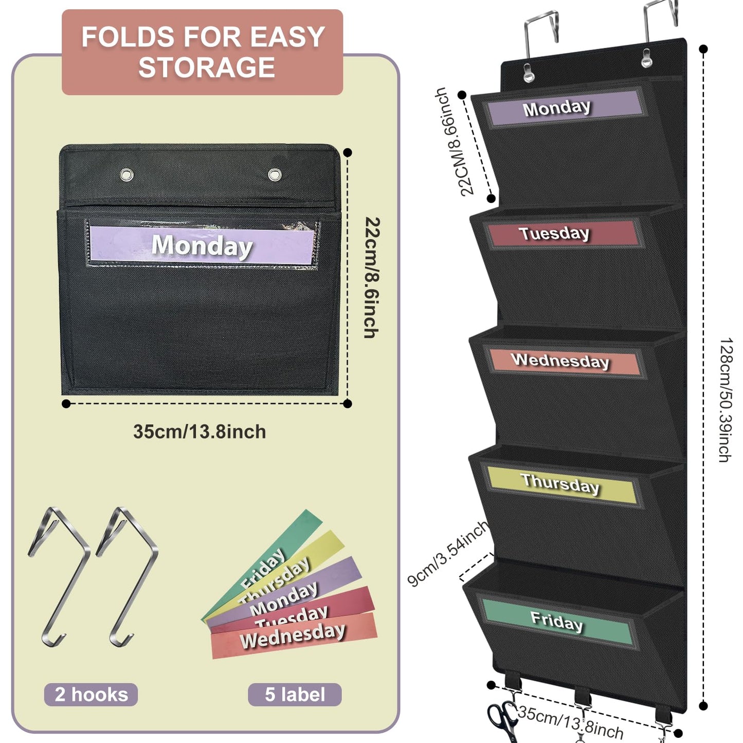 Weekly Over the Door File Organizer, Hanging File Folders Wall Organizer with 5 Large Pockets for Papers, Charts, Mails, Magazine, Office and Back To School Supplies Storage and Organization (Black)