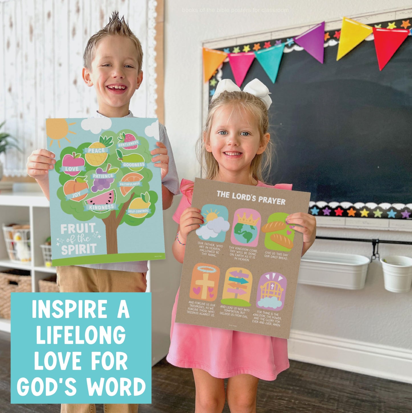 Hadley Designs Sunday School Decorations for Classroom –9 Bible Posters for Kids, Books of the Bible, 10 Commandments, Bible Timeline Chart, Fruits of the Spirit, Kraft Christian Classroom Decor
