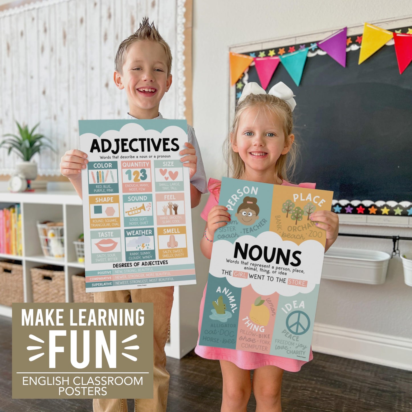 Parts of Speech Posters for Classroom Must Haves - 12 Grammar Posters, Writing Process for Homeschool, Elementary & Middle School, ELA 3rd 4th & 5th Grade Teacher Must Haves, Boho Classroom Décor
