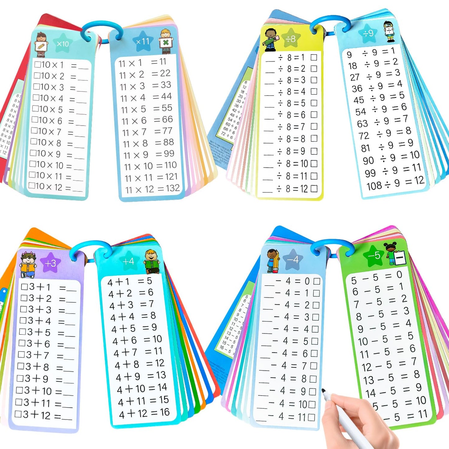 1-12 Math Flash Cards, 60Pack Large Math Addition Subtraction Multiplication Division Table Flashcards Chart, with 60 Cards, 8 Dry Erase Markers, 4 Rings, Educational Learning for Classroom Home