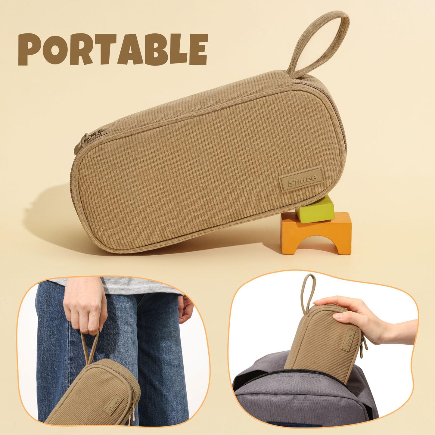 SUNEE Cute Pencil Case, Large Capacity Pencil Pouch, Soft Corduroy Pencil Bag, Big Storage Pen Organizer for Stationery, Aesthetic Zipper Pencil Box, Back to School Supplies for Teen Girls Boys, Khaki