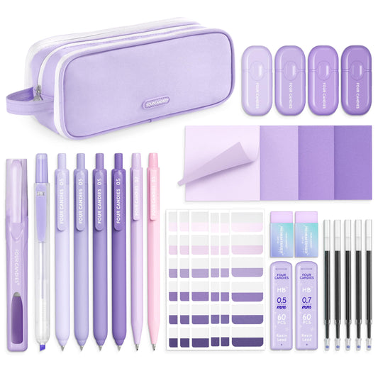 Four Candies Purple College Supplies and Nursing Essentials with Organizer, Gel Pens with Black Ink,Correction Tapes,Pastel Highlighters, Mechanical Pencils, Sticky Notes, Index Post