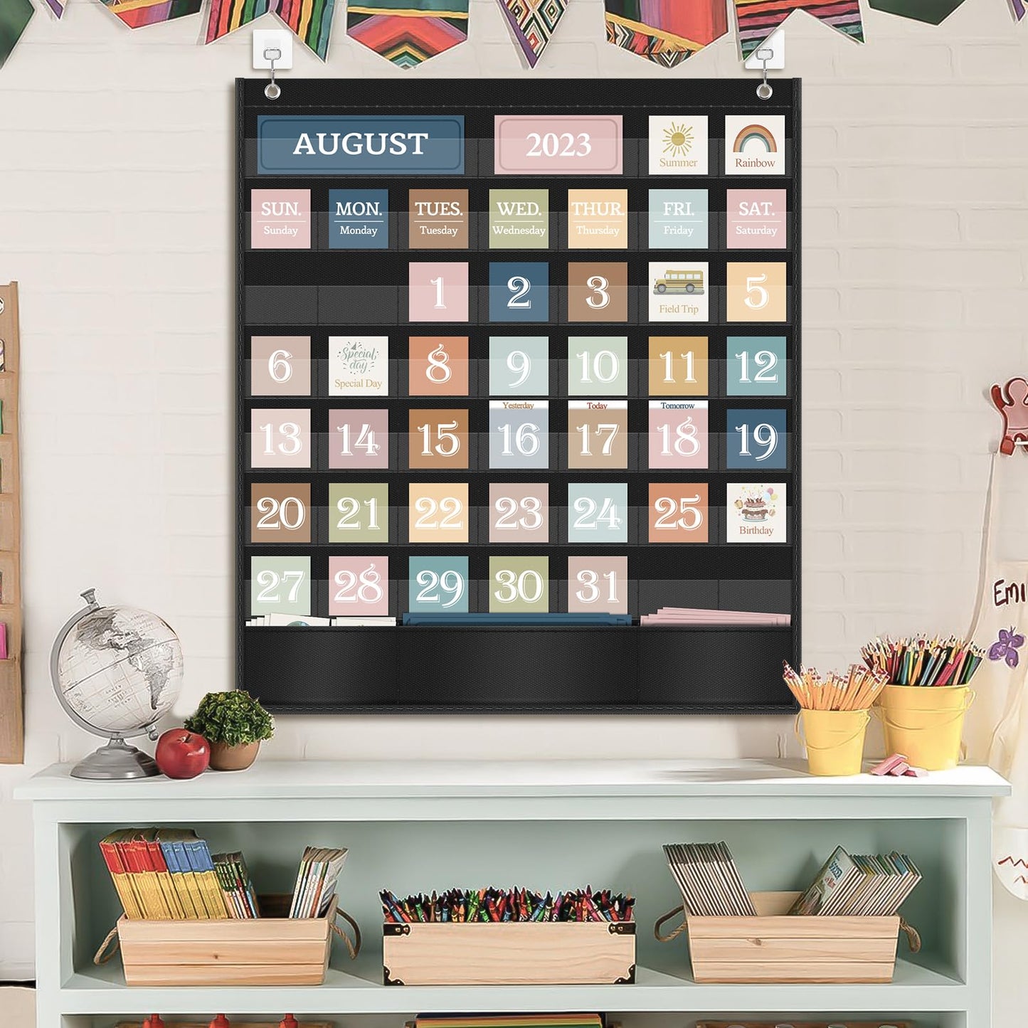 Godery Boho Calendar Pocket Chart for Classroom Cards Add-On School Supplies Teacher Decorations Bulletin Board Pre-K To 6th Grade, Black-1