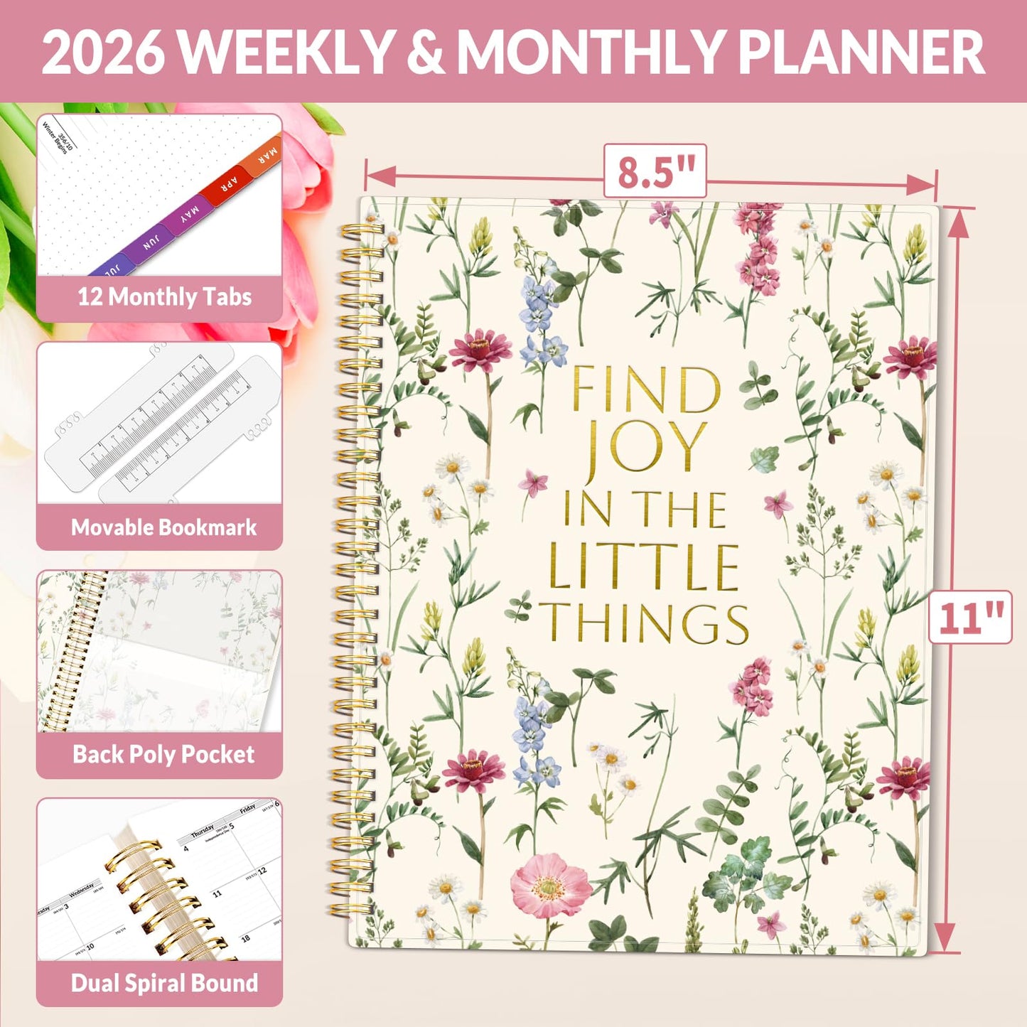 SUNEE 2026 Weekly and Monthly Planner - from January 2026 - December 2026, Daily Agenda Planner with Monthly Tab, Flexible Cover, Note Pages, Pockets, Bookmark, Spiral Binding, Wildflowers, 8.5"x11"
