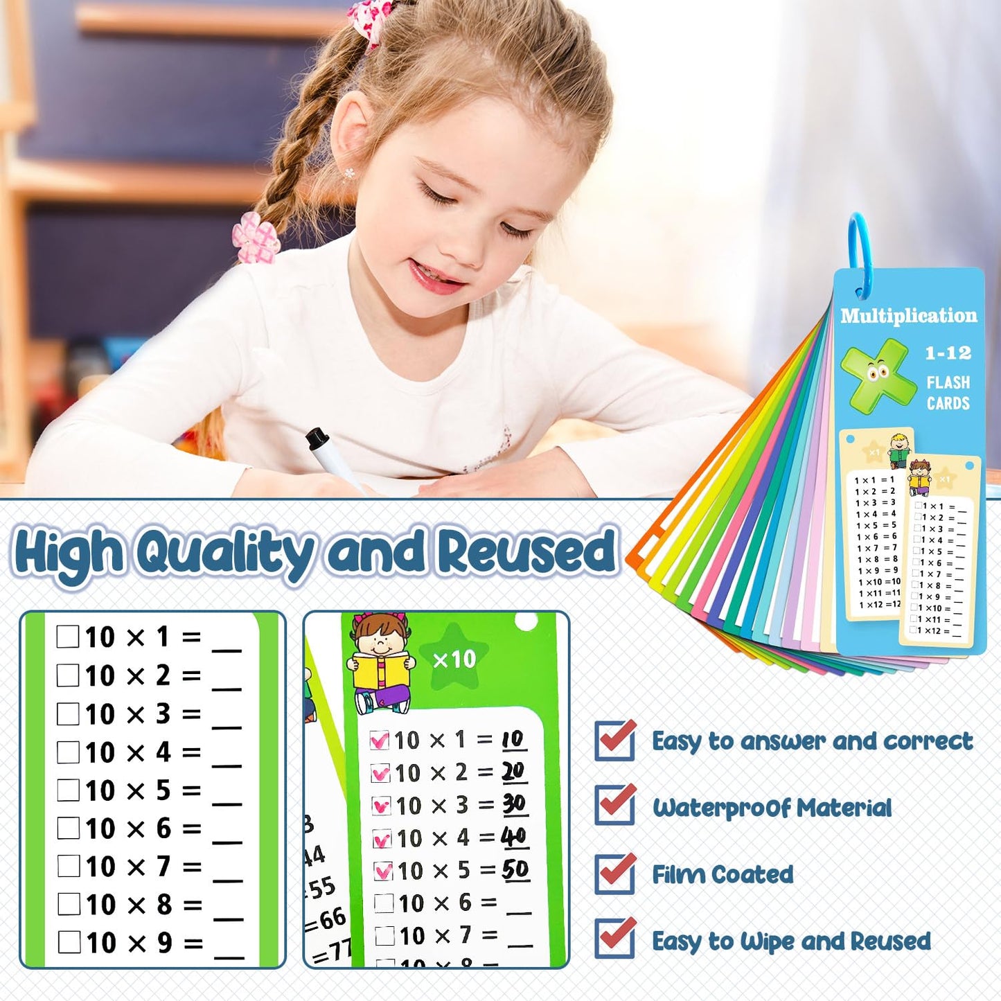Anemeeoke 1-12 Multiplication Flash Cards, Large Math Table Flashcards, Including 15 Cards, 2 Dry Erase Markers, 1 Rings, Educational Times Table Flashcards for Classroom Home, for 1st to 3rd Grades
