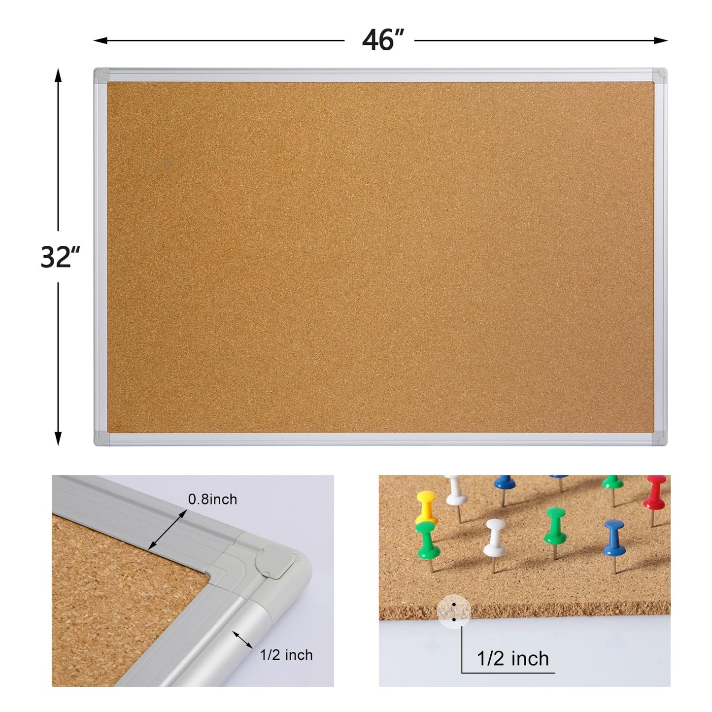 Board2by Large Cork Board Bulletin Board 48 x 36, Silver Aluminium Framed 4x3 Corkboard, Office Board for Wall Cork, Wall Mounted Notice Pin Board with 15 Push Pins for School, Home & Office
