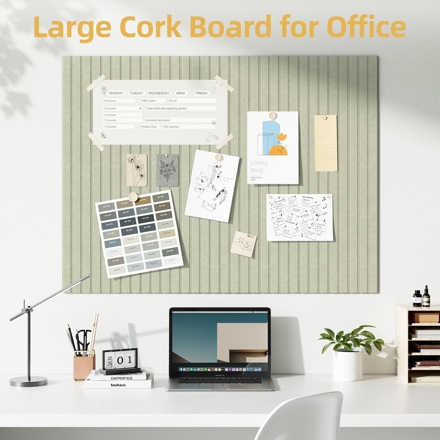 Large Cork Board for Wall 36" x 48" Sage Bulletin Board with Safe Removable Adhesive Squares for Pictures Photos, Alternative CorkBoard Felt Pin Boards Tiles for Office Classroom Wall Decor - 12 Pack